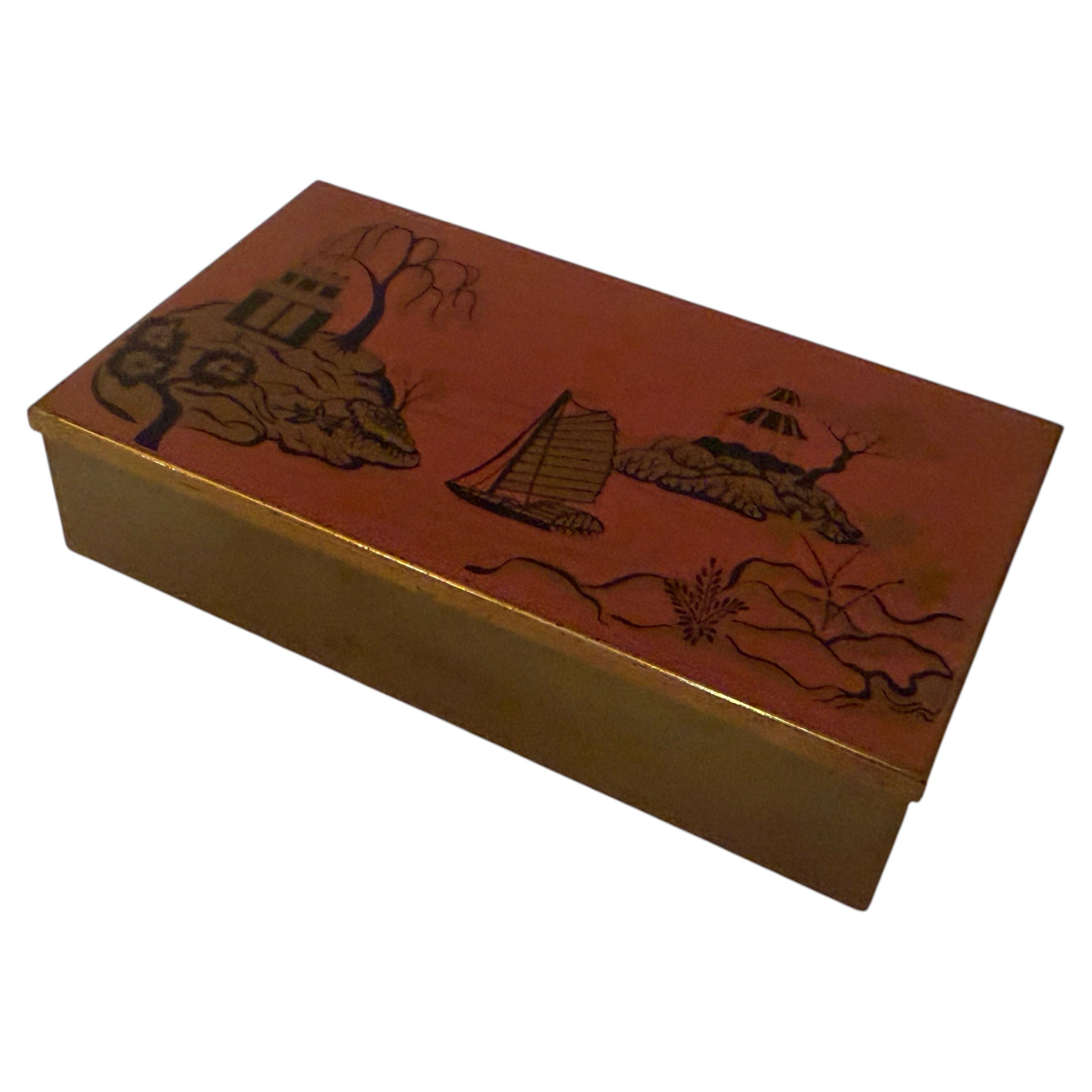 1950's Patinated Brass Trinket Cigarette Box with Japanese Landscape For Sale
