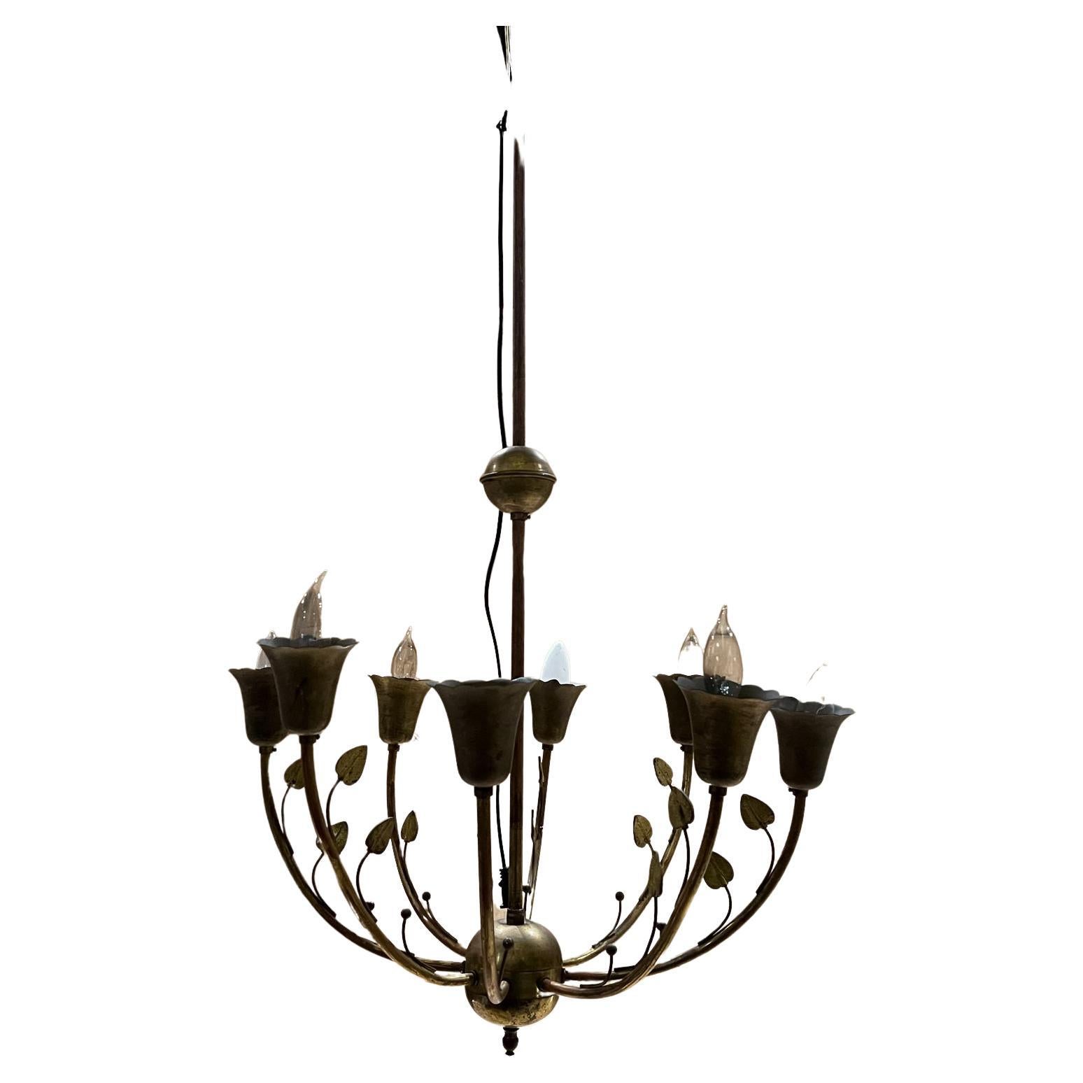 1950s Patinated Old Italian Brass Chandelier Eight Arm Lamp Style of Stilnovo For Sale