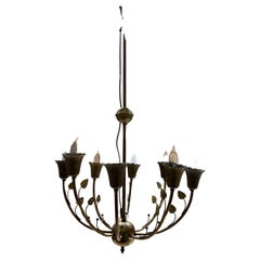 Vintage 1950s Patinated Old Italian Brass Chandelier Eight Arm Lamp Style of Stilnovo