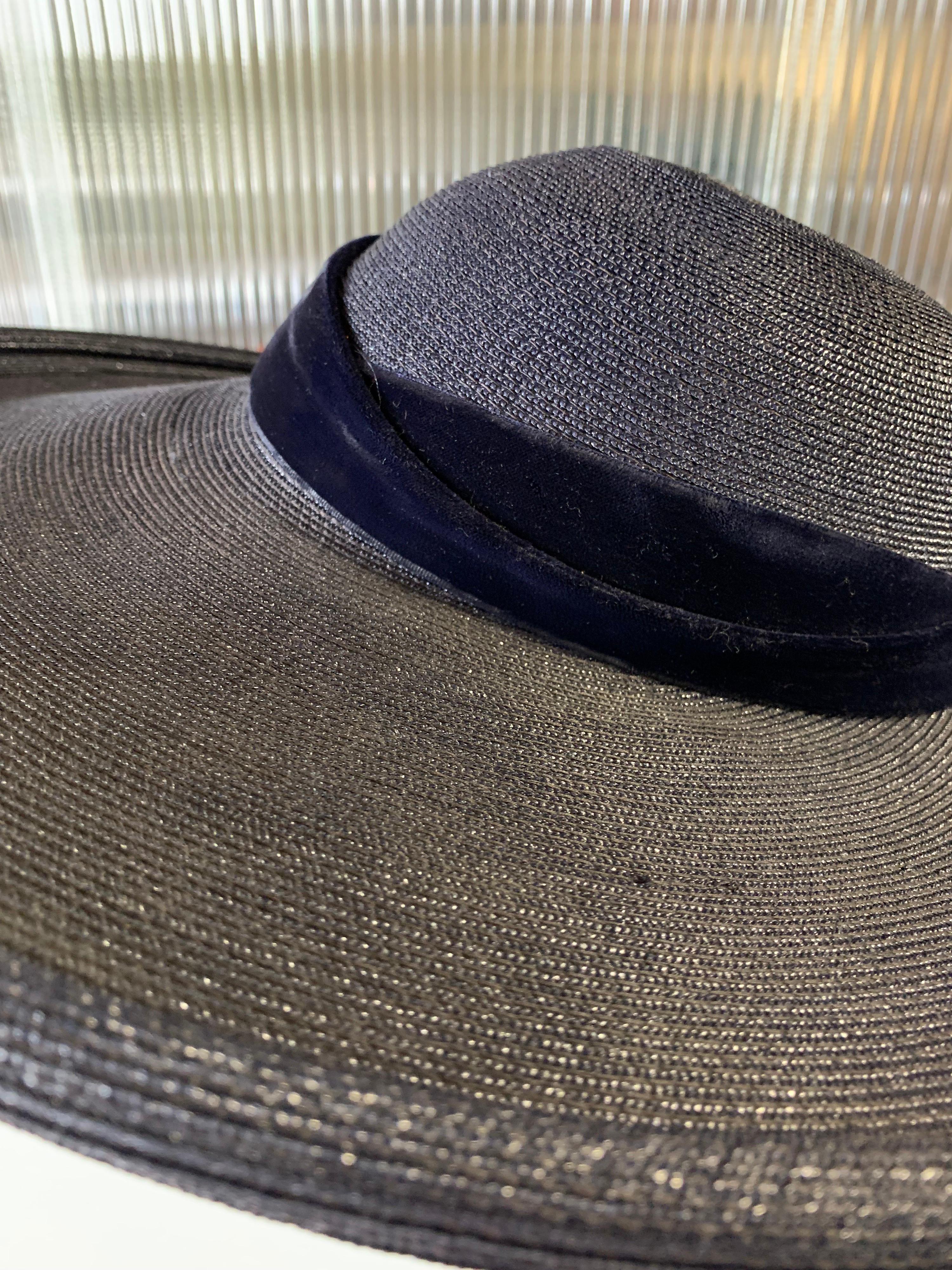 1950s Patrice Model Navy Blue Straw Cartwheel Hat W/ Double-Layered Brim  2