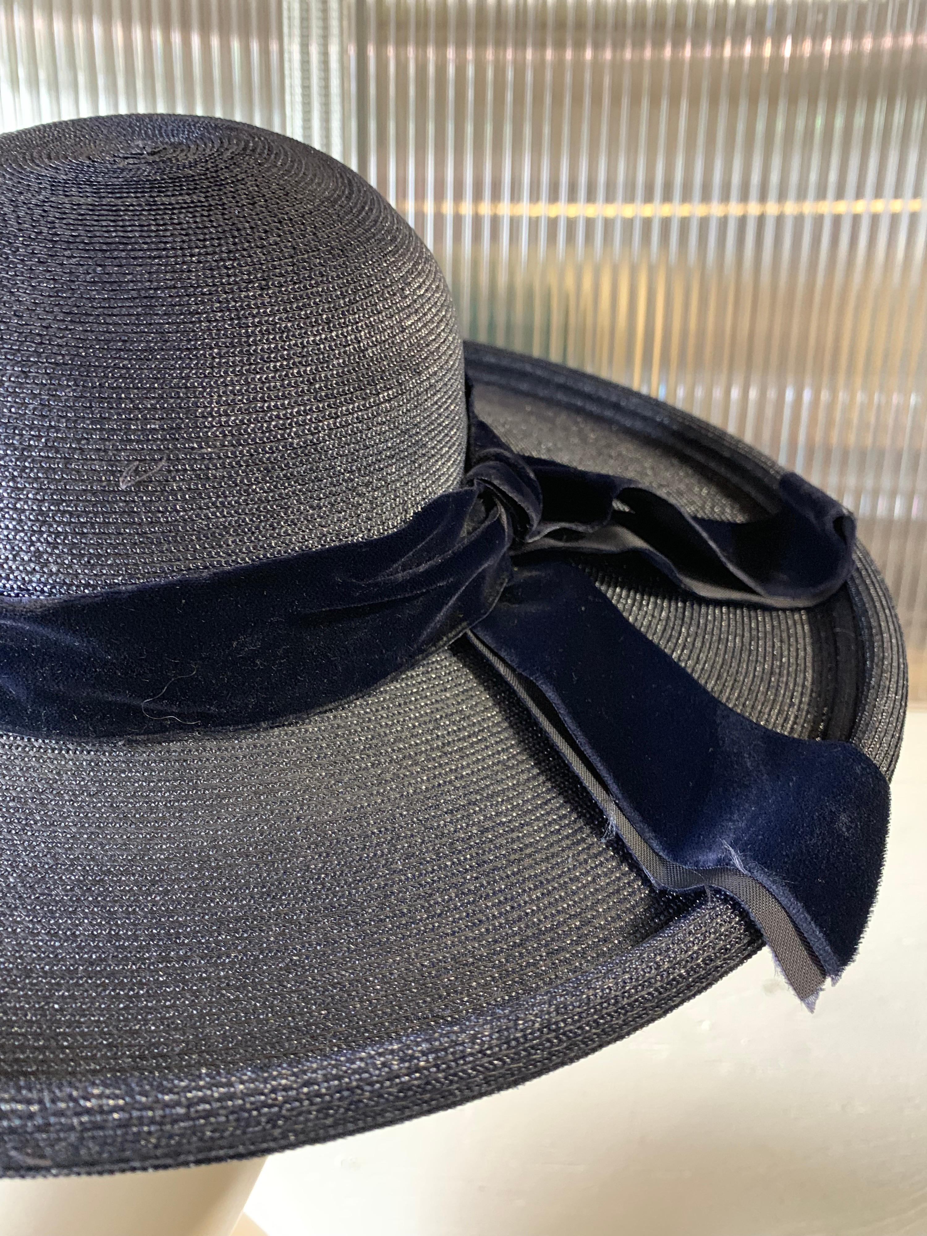 Women's 1950s Patrice Model Navy Blue Straw Cartwheel Hat W/ Double-Layered Brim 