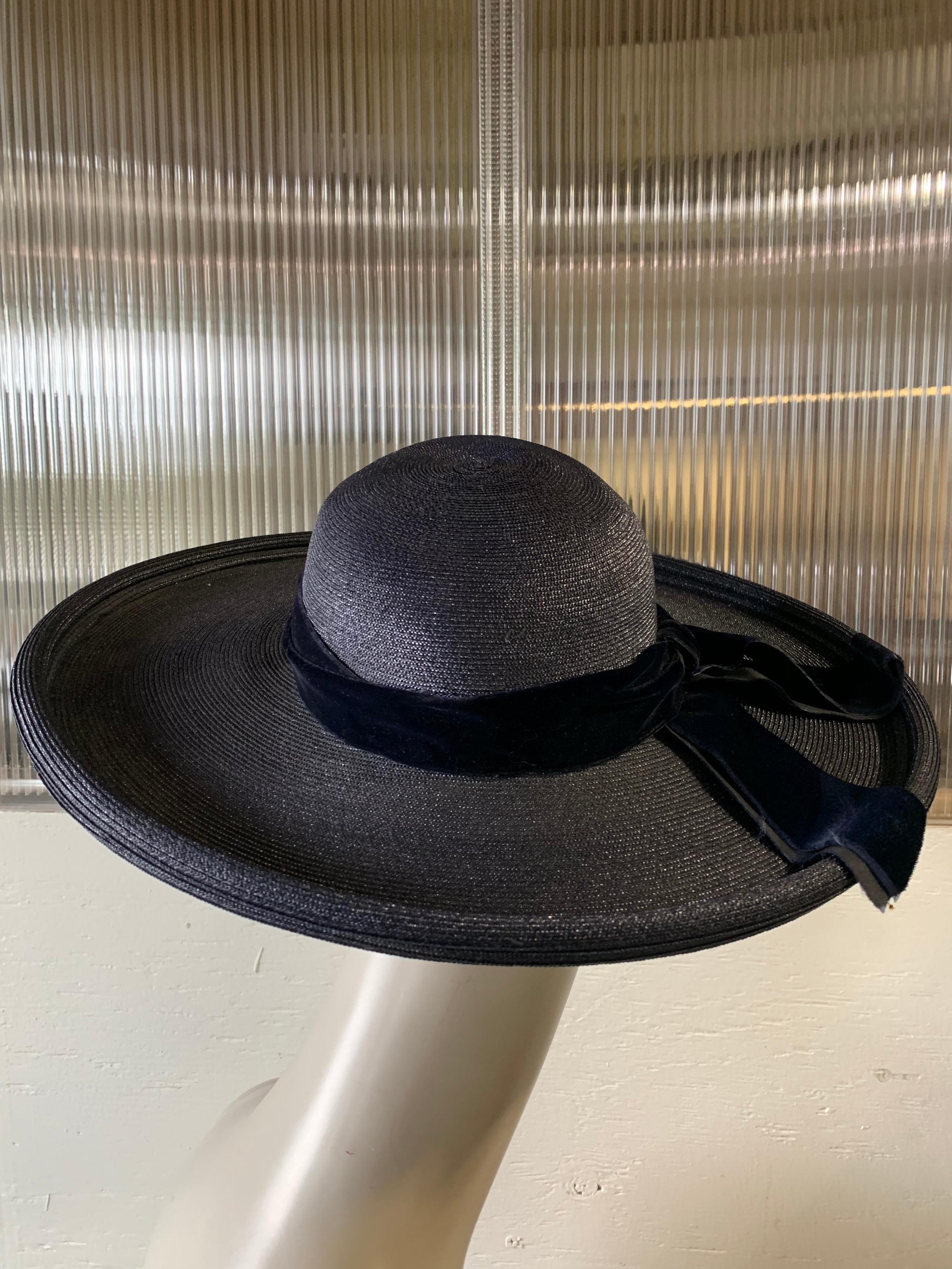 1950s Patrice Model Navy Blue Straw Cartwheel Hat W/ Double-Layered Brim  1