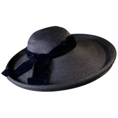 Vintage 1950s Patrice Model Navy Blue Straw Cartwheel Hat W/ Double-Layered Brim 