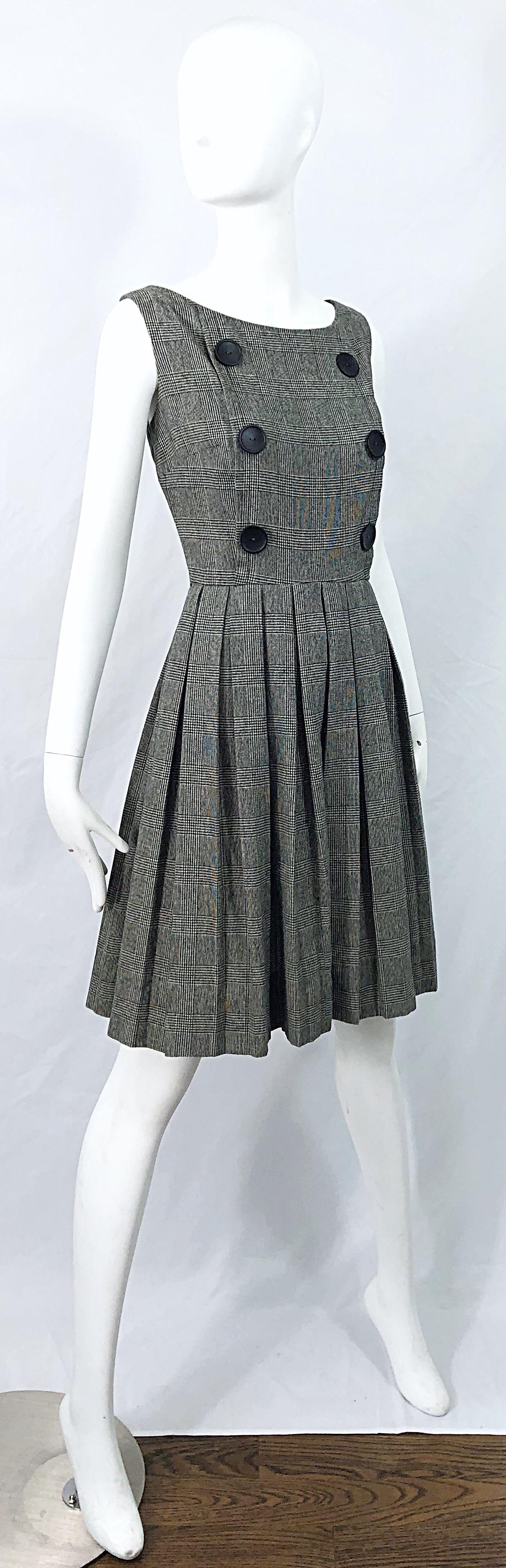 1950s Patty Woodard Black + White Houndstooth Plaid Vintage 50s Fit Flare Dress 5