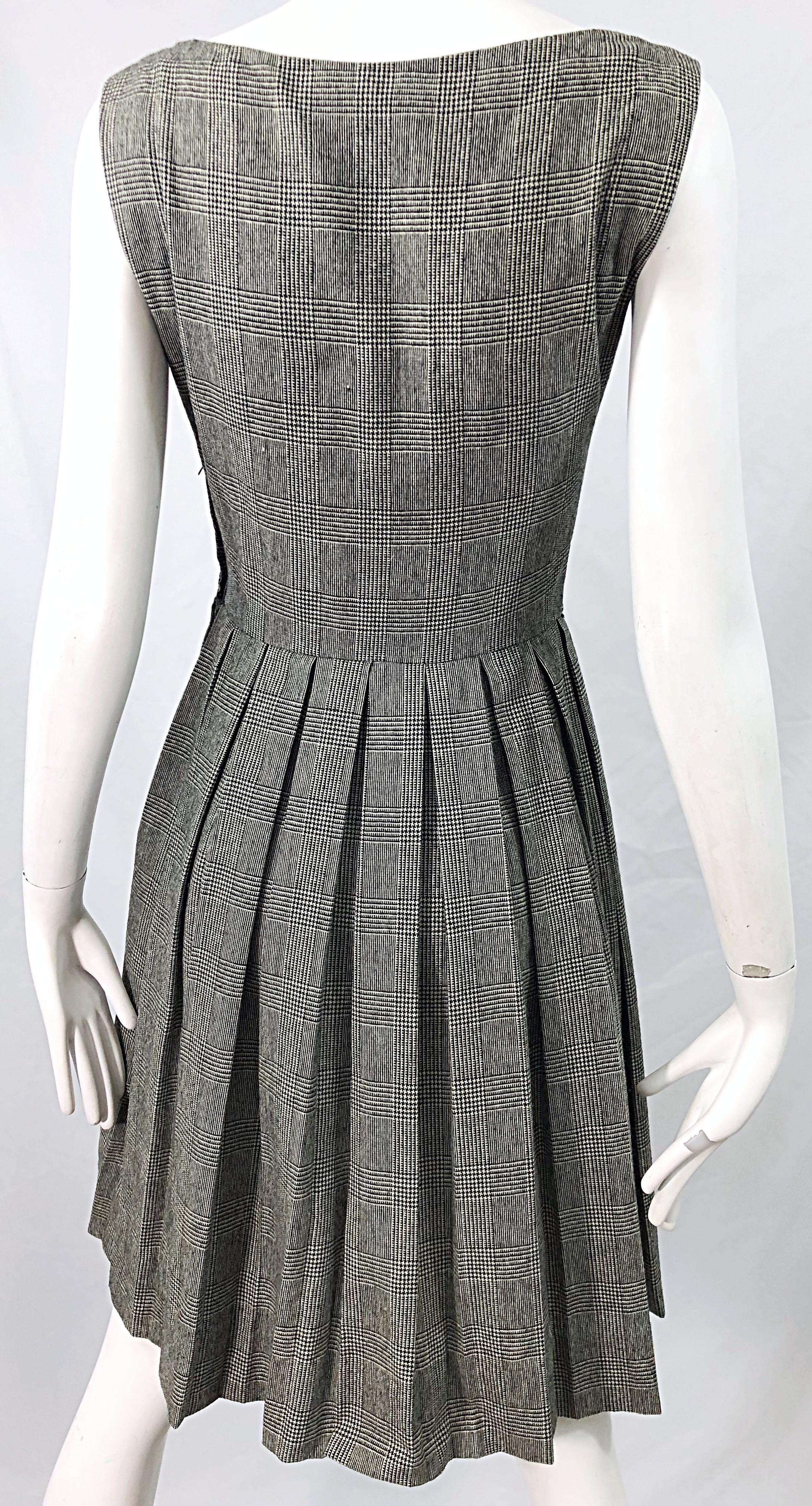 1950s Patty Woodard Black + White Houndstooth Plaid Vintage 50s Fit Flare Dress 6