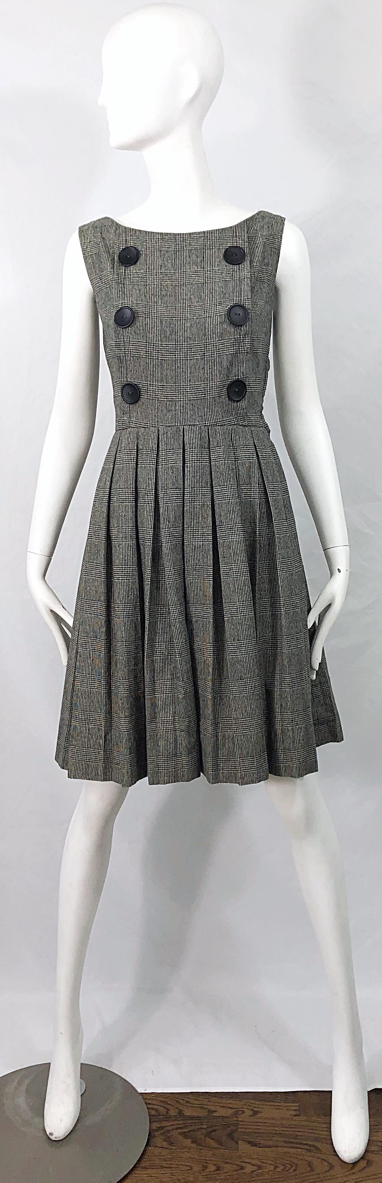 1950s Patty Woodard Black + White Houndstooth Plaid Vintage 50s Fit Flare Dress 8