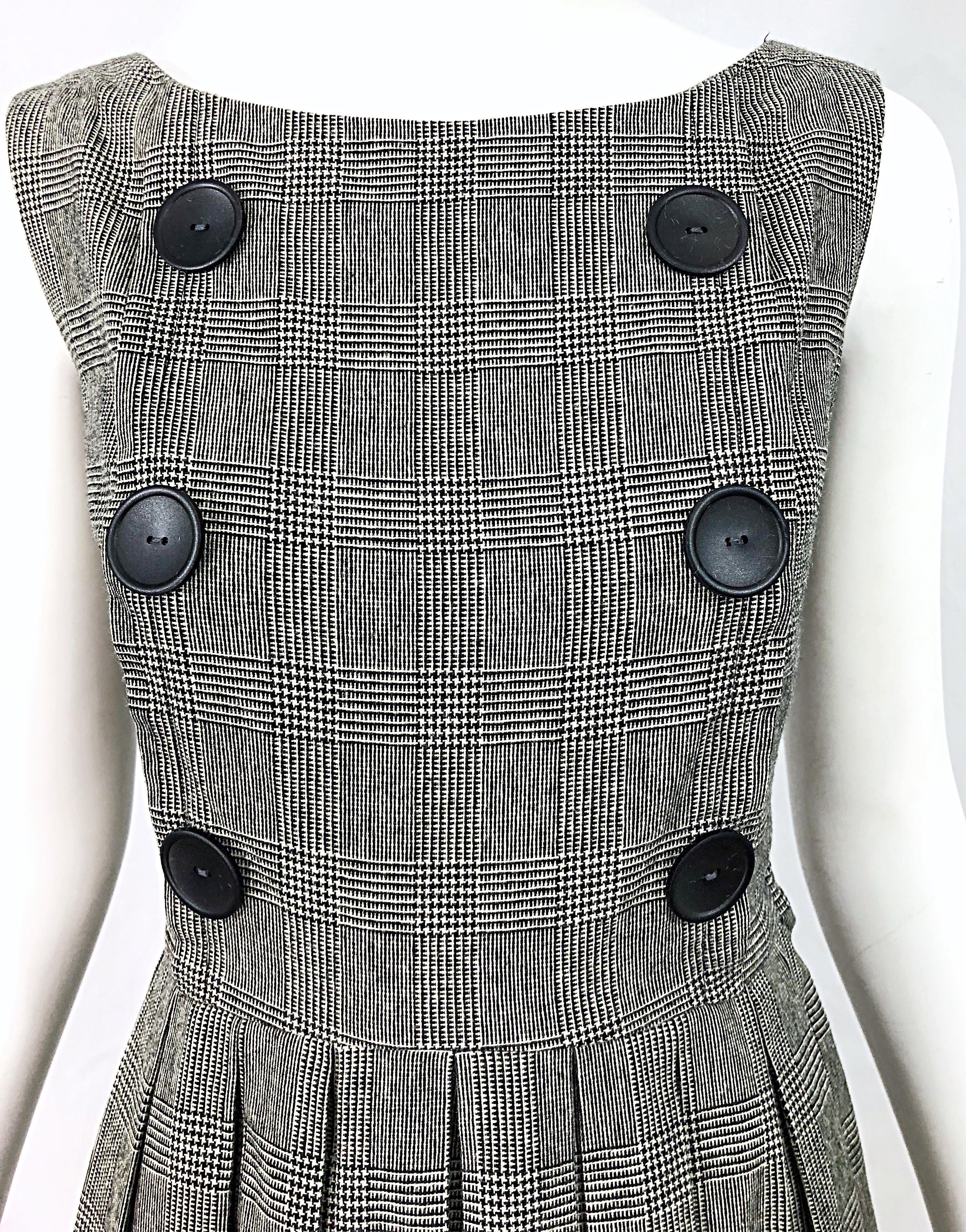 Gray 1950s Patty Woodard Black + White Houndstooth Plaid Vintage 50s Fit Flare Dress