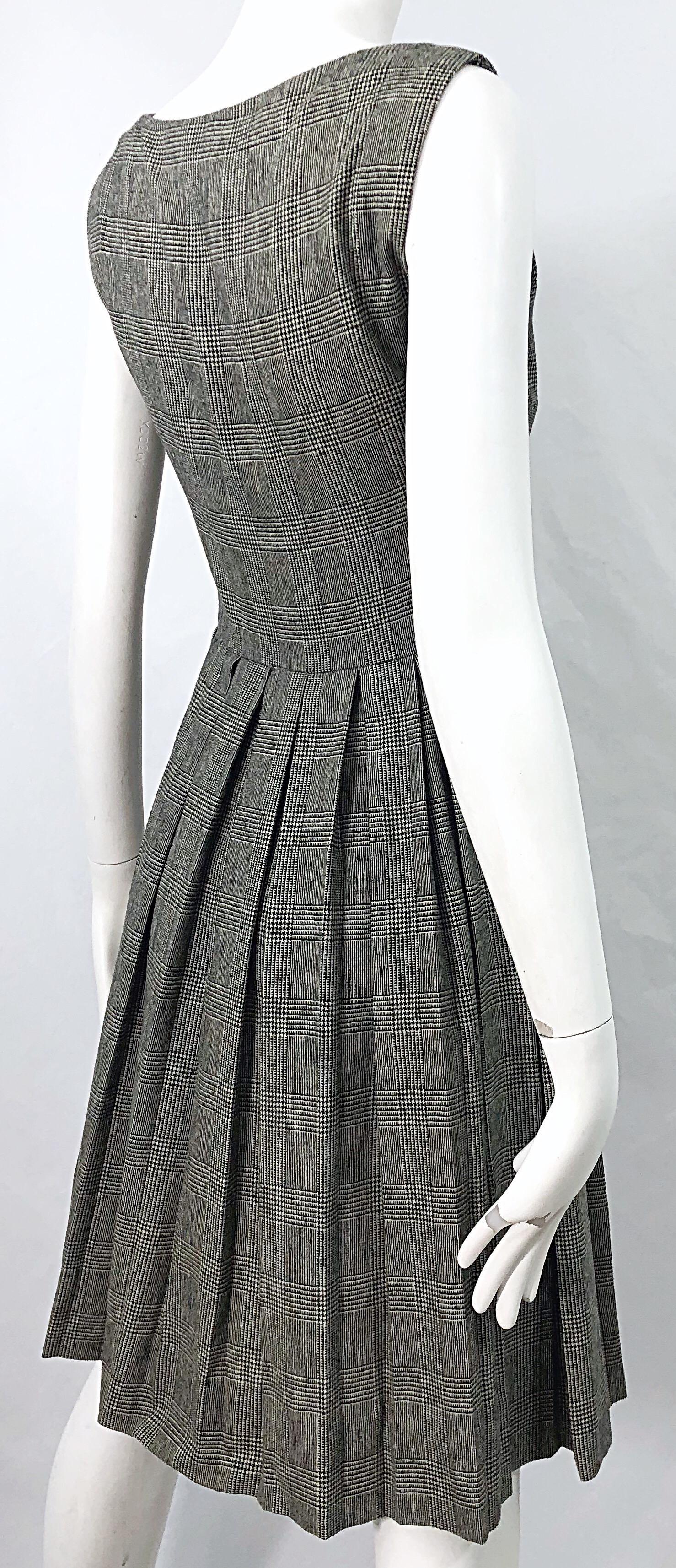 Women's 1950s Patty Woodard Black + White Houndstooth Plaid Vintage 50s Fit Flare Dress
