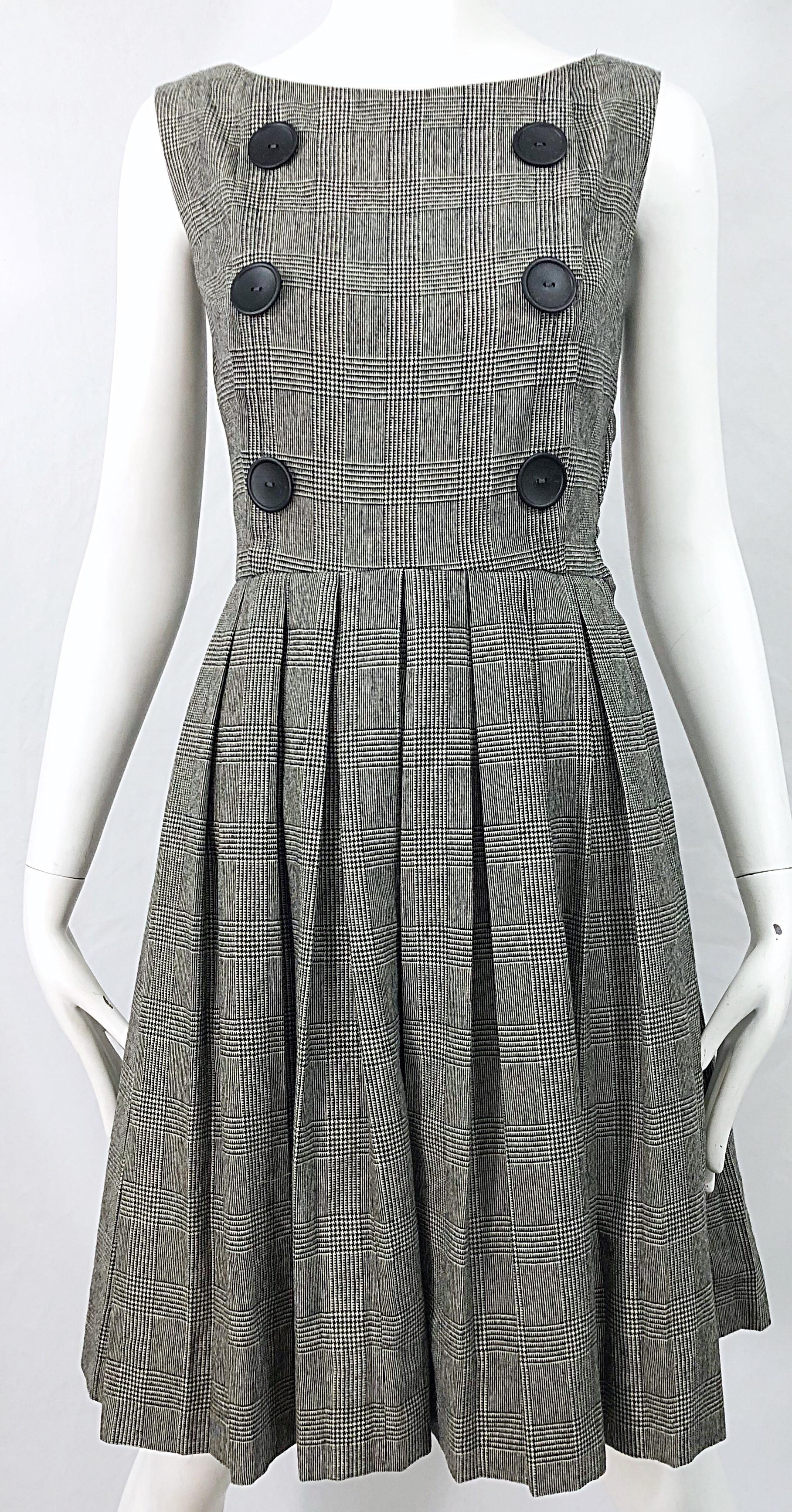 1950s Patty Woodard Black + White Houndstooth Plaid Vintage 50s Fit Flare Dress 1