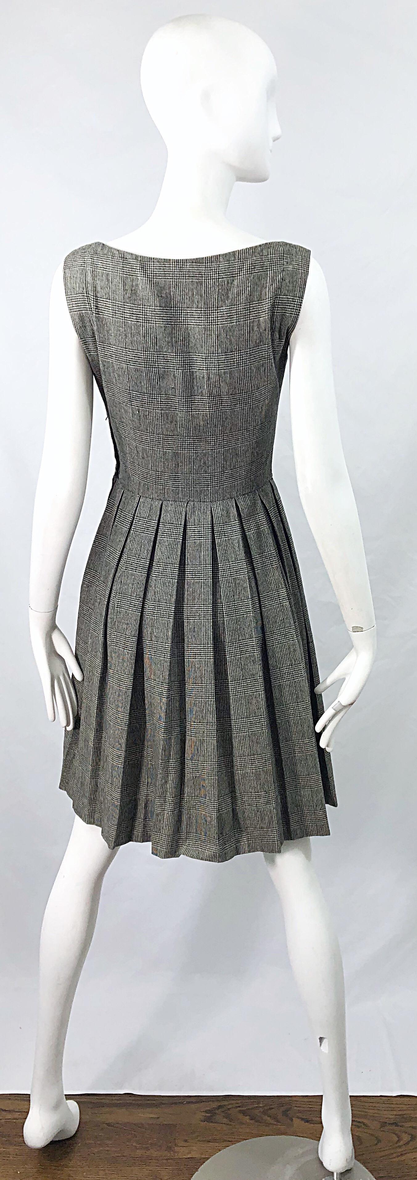 1950s Patty Woodard Black + White Houndstooth Plaid Vintage 50s Fit Flare Dress 3