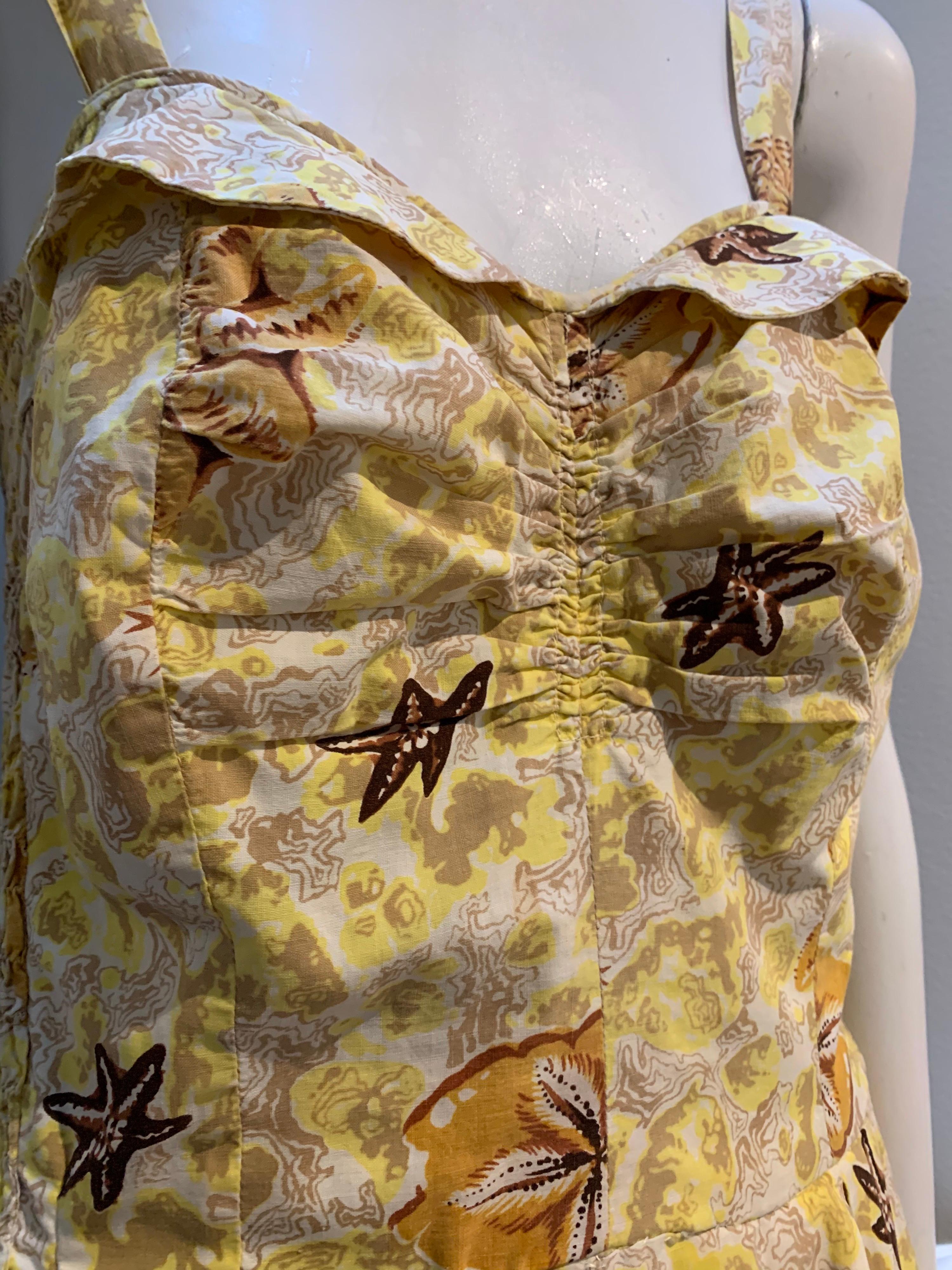 1950s Pau Hana - Honolulu Yellow Cotton Sundress W/ Stylized Sea Shell and Coral For Sale 6