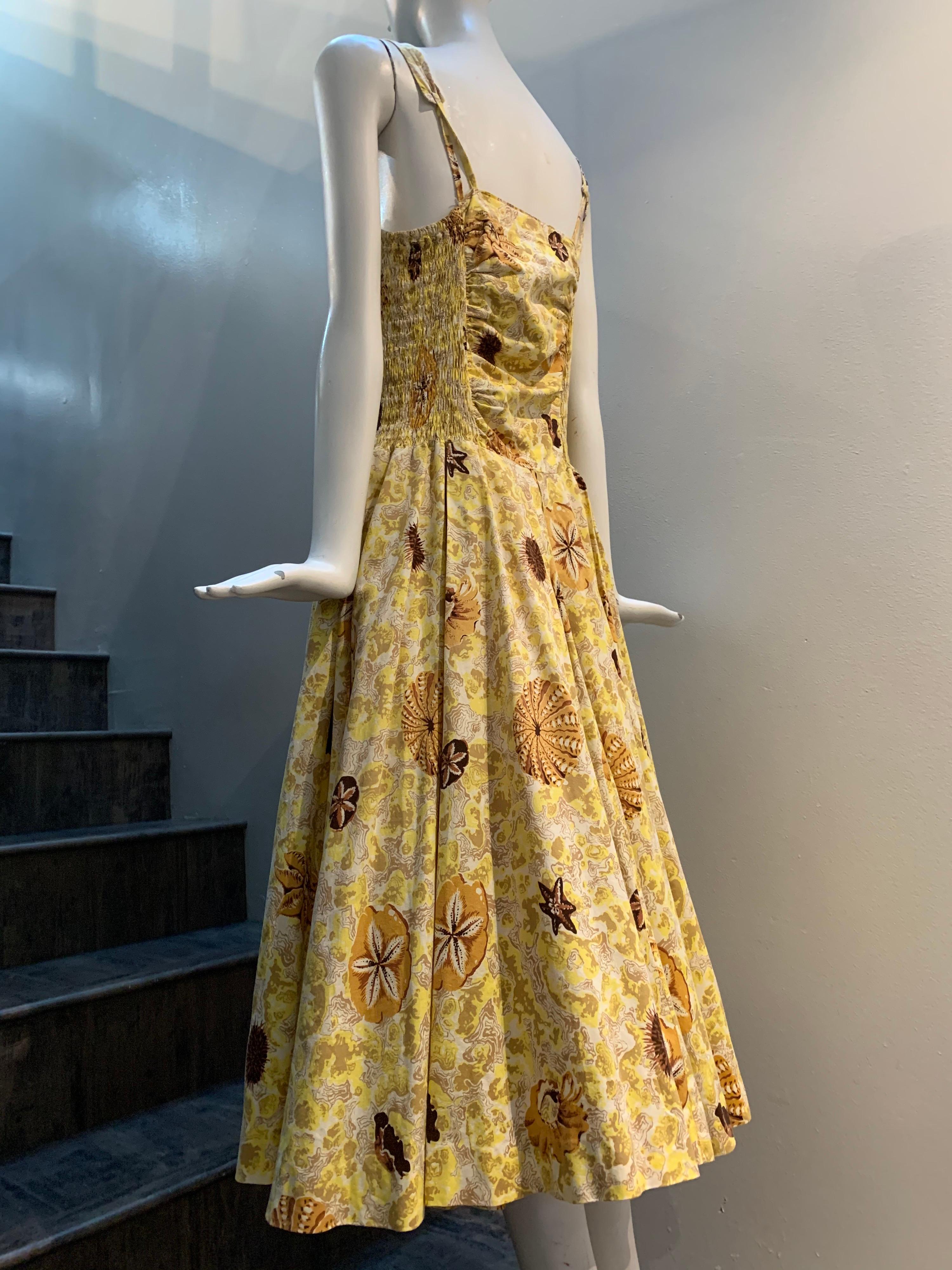 Women's 1950s Pau Hana - Honolulu Yellow Cotton Sundress W/ Stylized Sea Shell and Coral For Sale