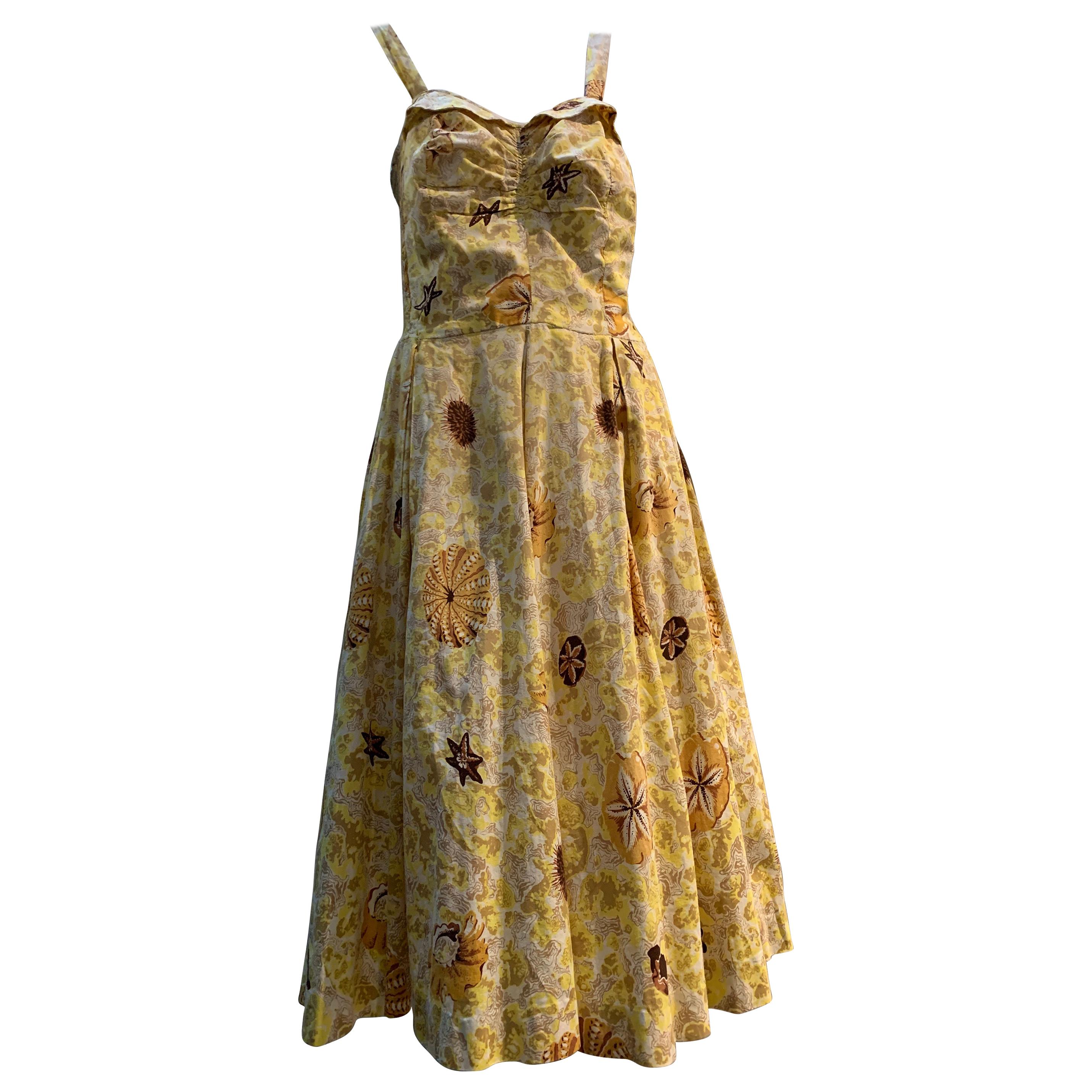 1950s Pau Hana - Honolulu Yellow Cotton Sundress W/ Stylized Sea Shell and Coral