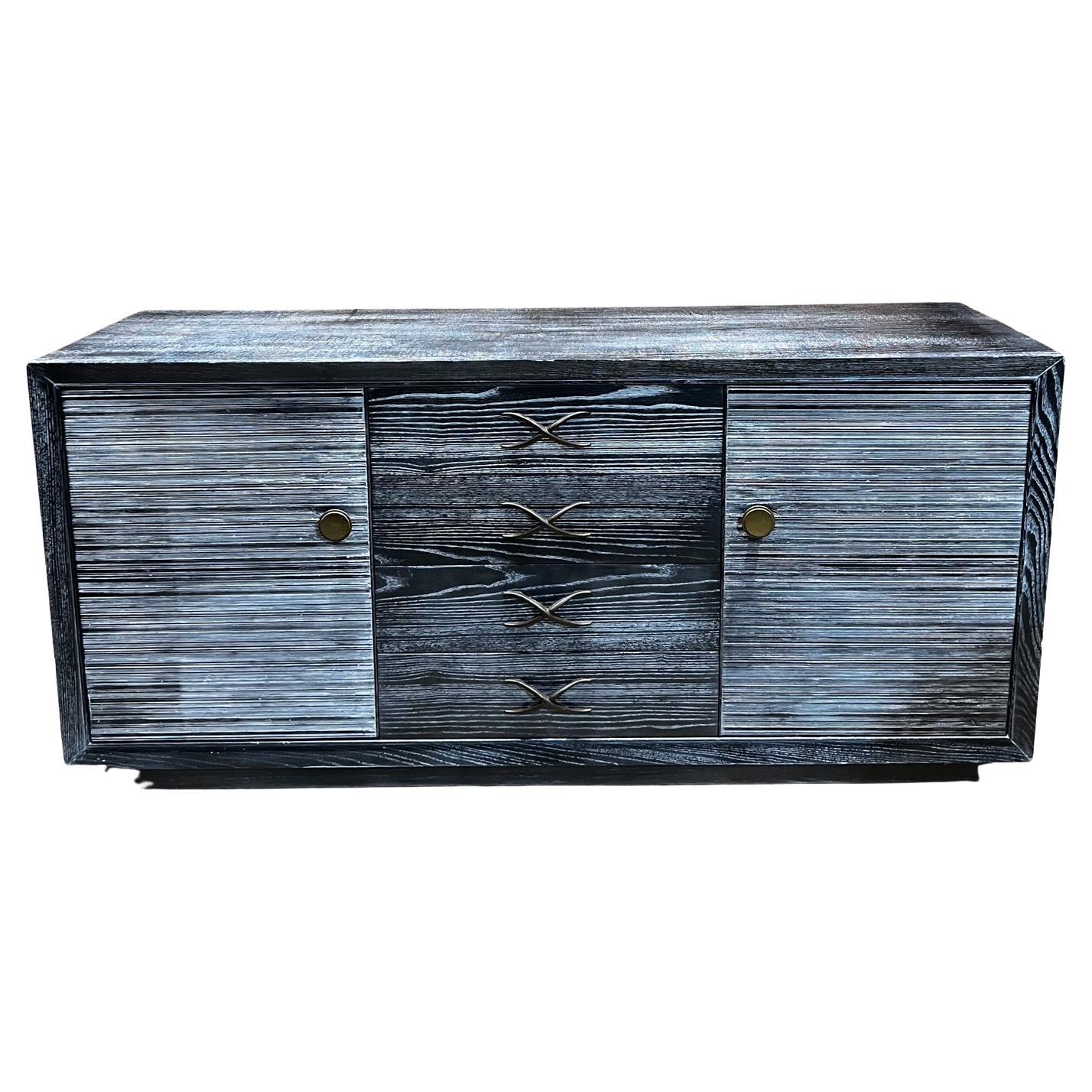 1950s Paul Frankl Black Cerused Oak Buffet Dresser Cabinet for Brown Saltman For Sale