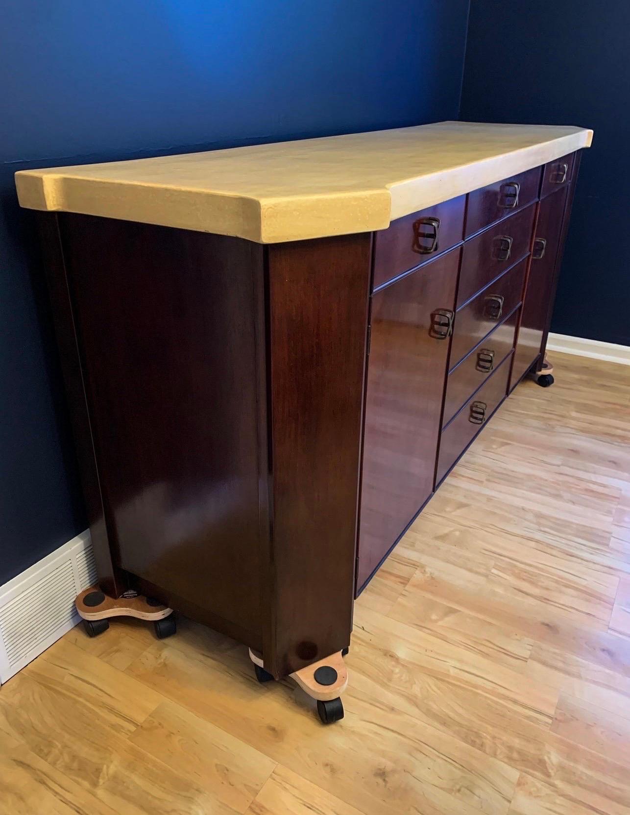 Mid-Century Modern 1950s Paul Frankl for Johnson Furniture Co. Cork and Mahogany Credenza Buffet For Sale