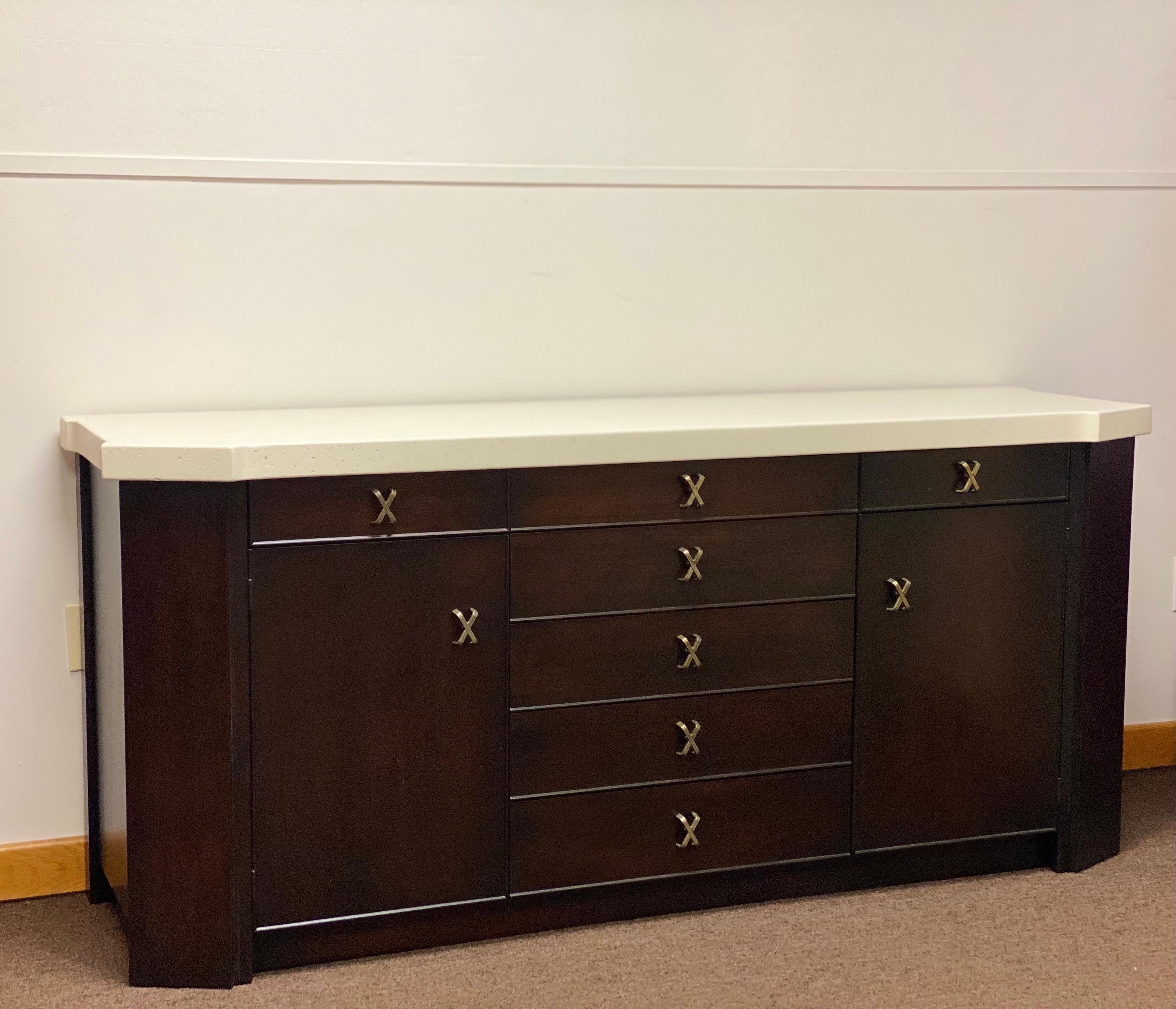 Mid-Century Modern 1950s Paul Frankl for Johnson Furniture Company Mahogany and White Cork Credenza