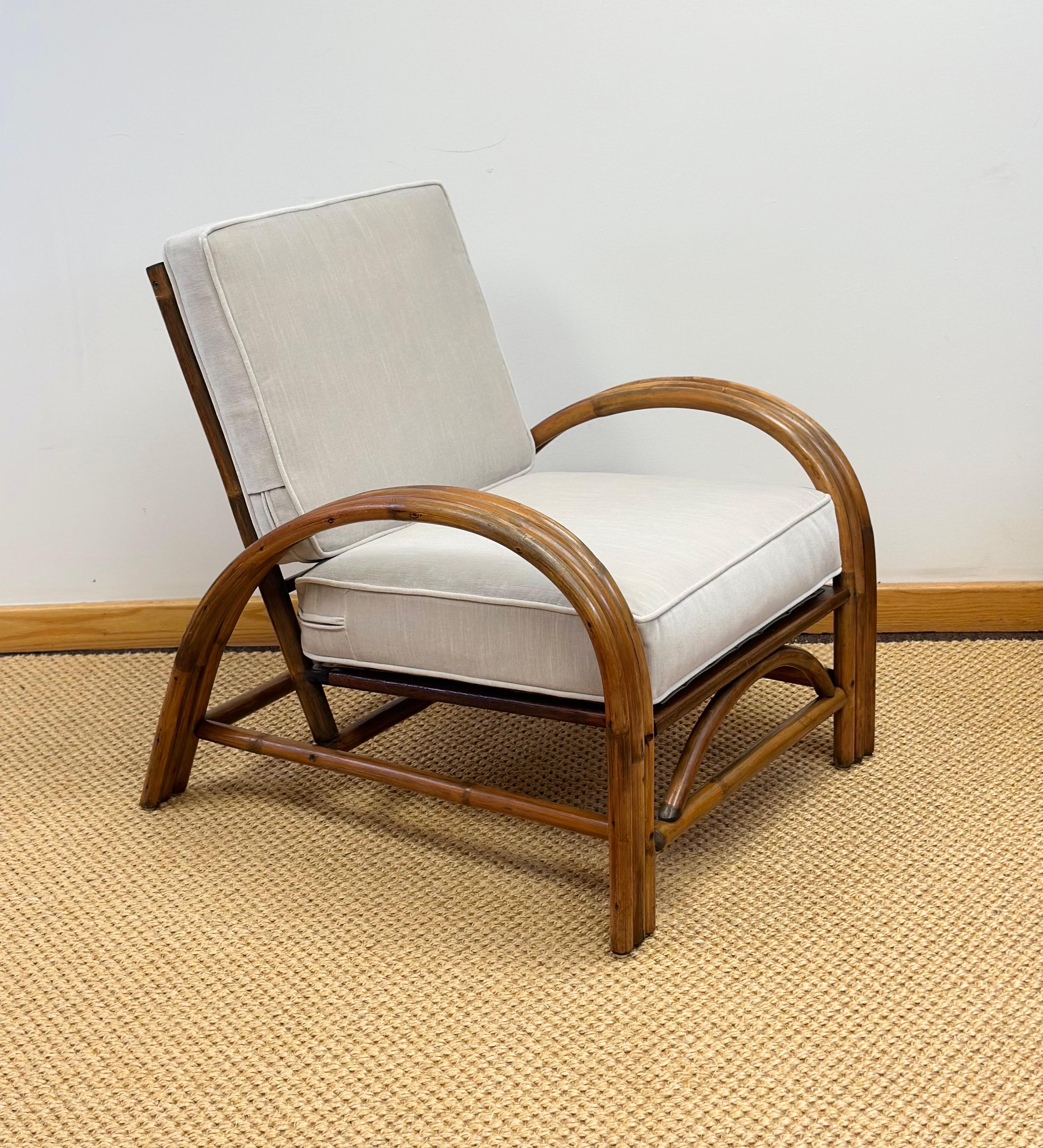 1950s Paul Frankl Rattan Three Strand and Gray Cushions Lounge Chairs - a Pair 3