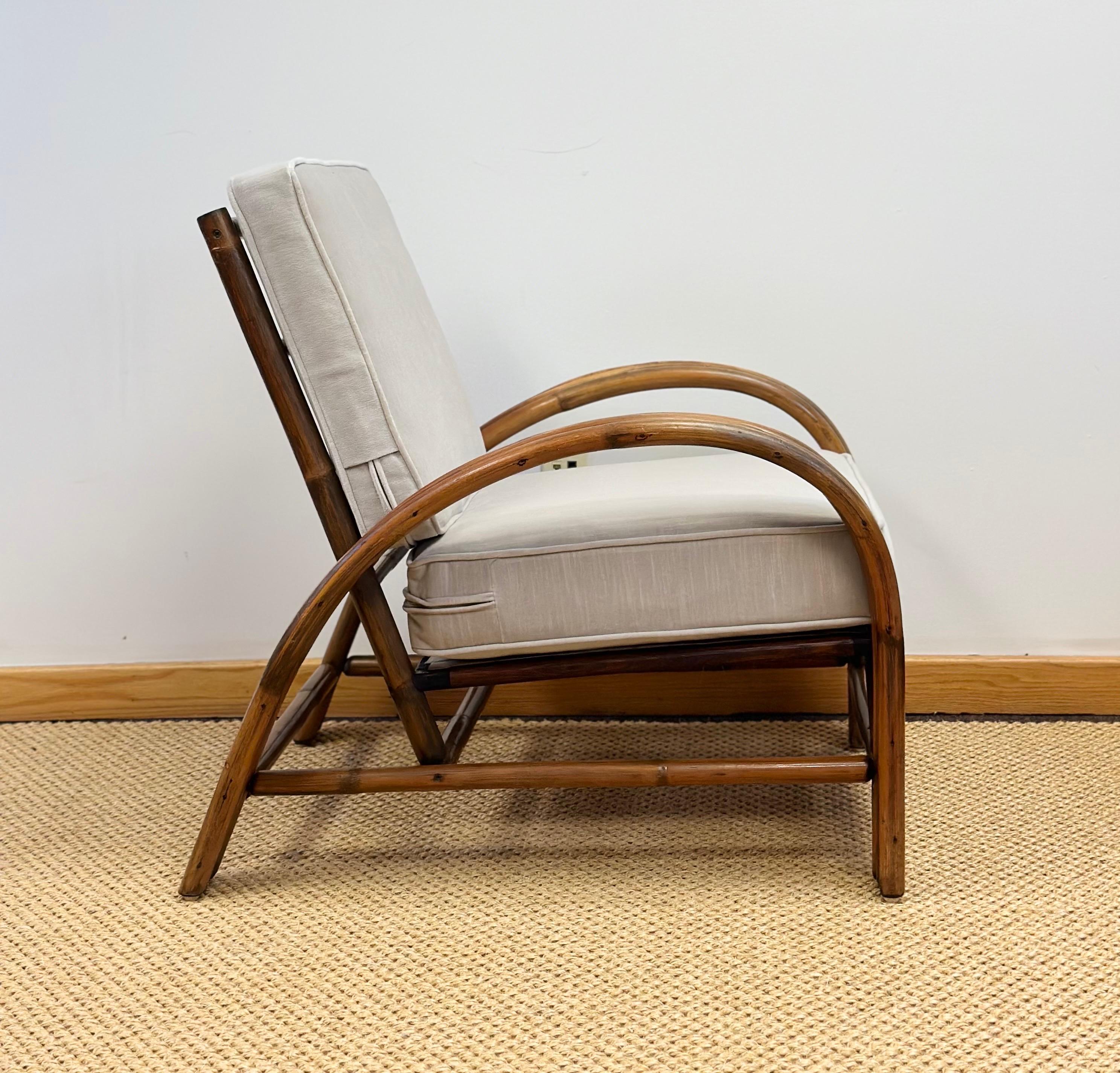 1950s Paul Frankl Rattan Three Strand and Gray Cushions Lounge Chairs - a Pair 4