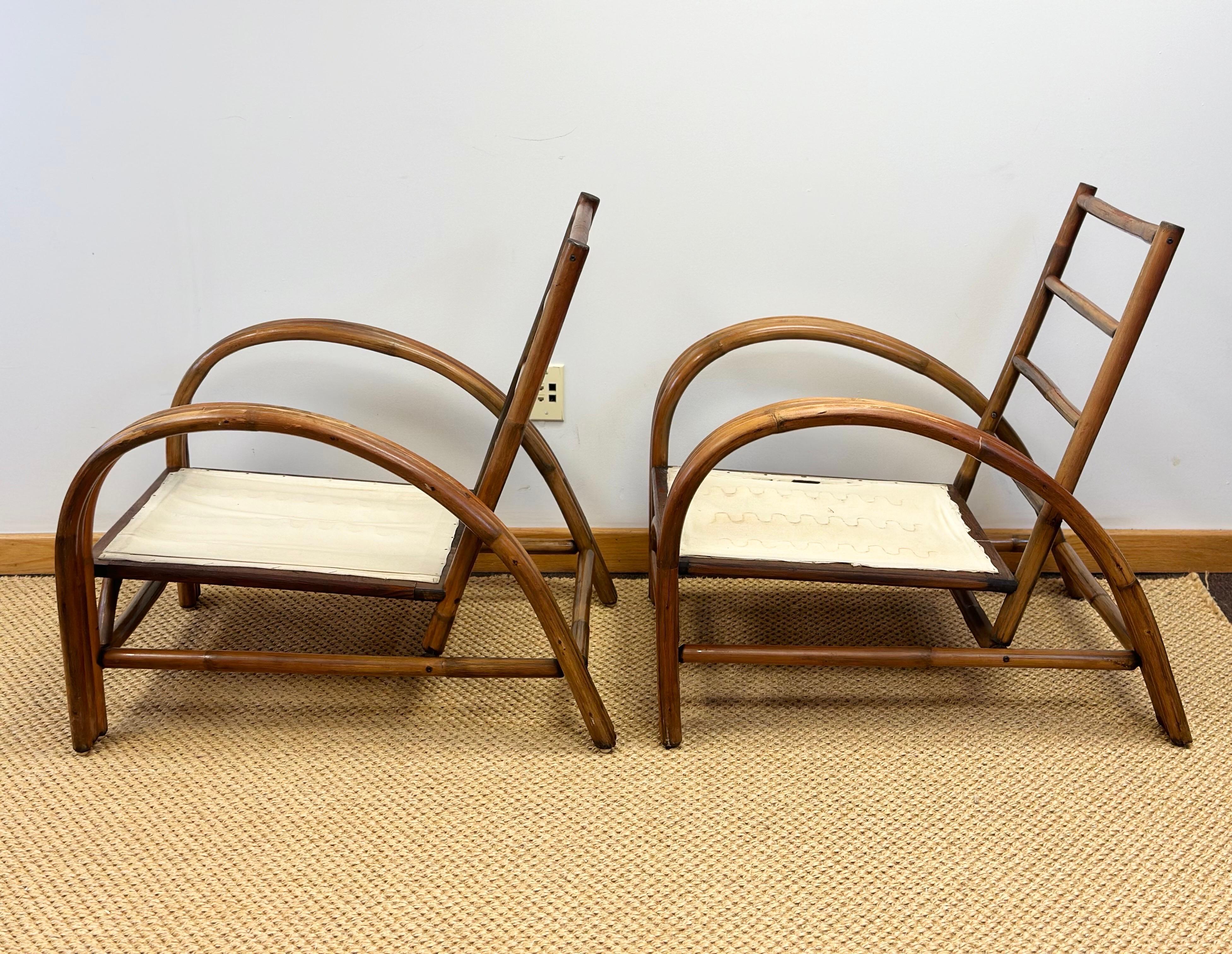 Mid-Century Modern 1950s Paul Frankl Rattan Three Strand and Gray Cushions Lounge Chairs - a Pair