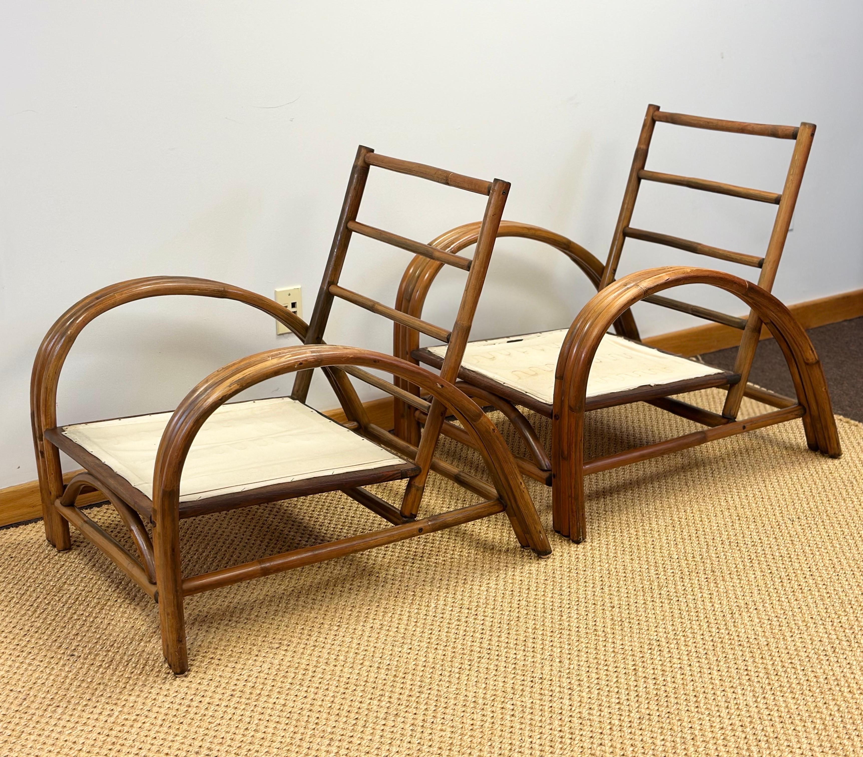 1950s Paul Frankl Rattan Three Strand and Gray Cushions Lounge Chairs - a Pair In Good Condition In Farmington Hills, MI