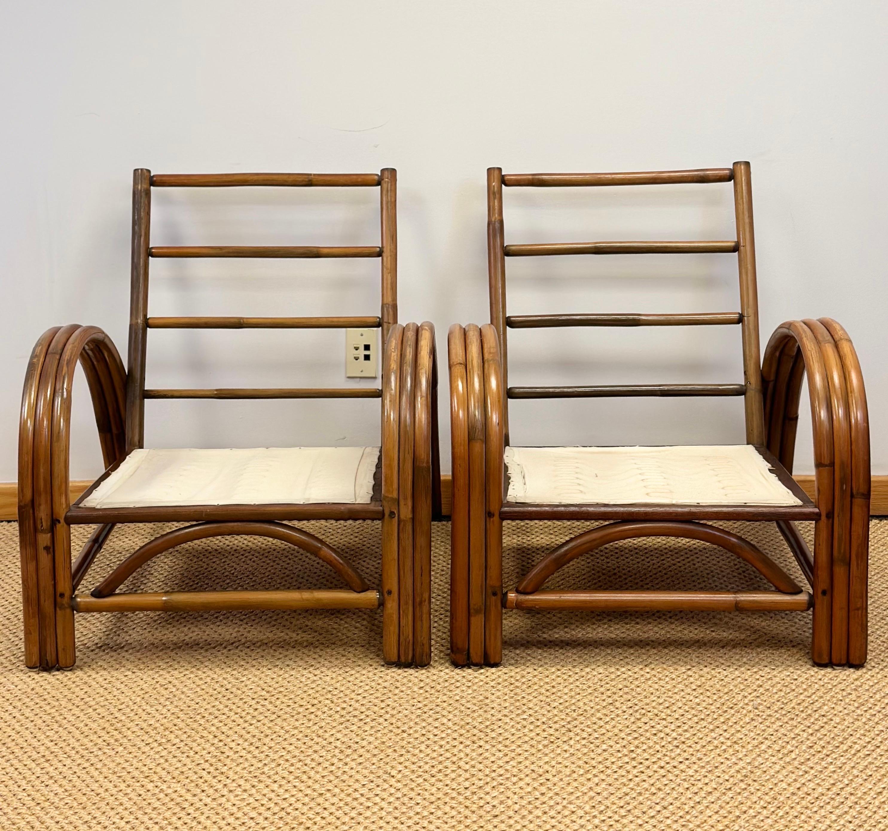 Mid-20th Century 1950s Paul Frankl Rattan Three Strand and Gray Cushions Lounge Chairs - a Pair