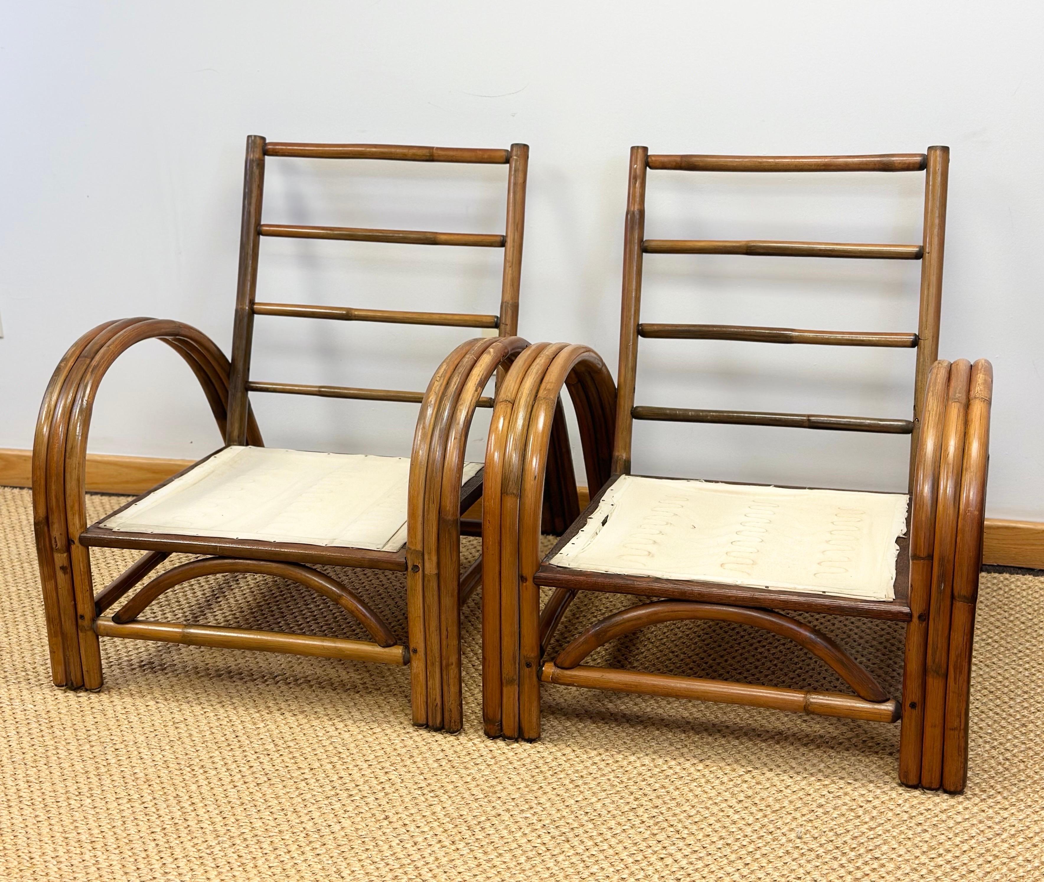 Velvet 1950s Paul Frankl Rattan Three Strand and Gray Cushions Lounge Chairs - a Pair