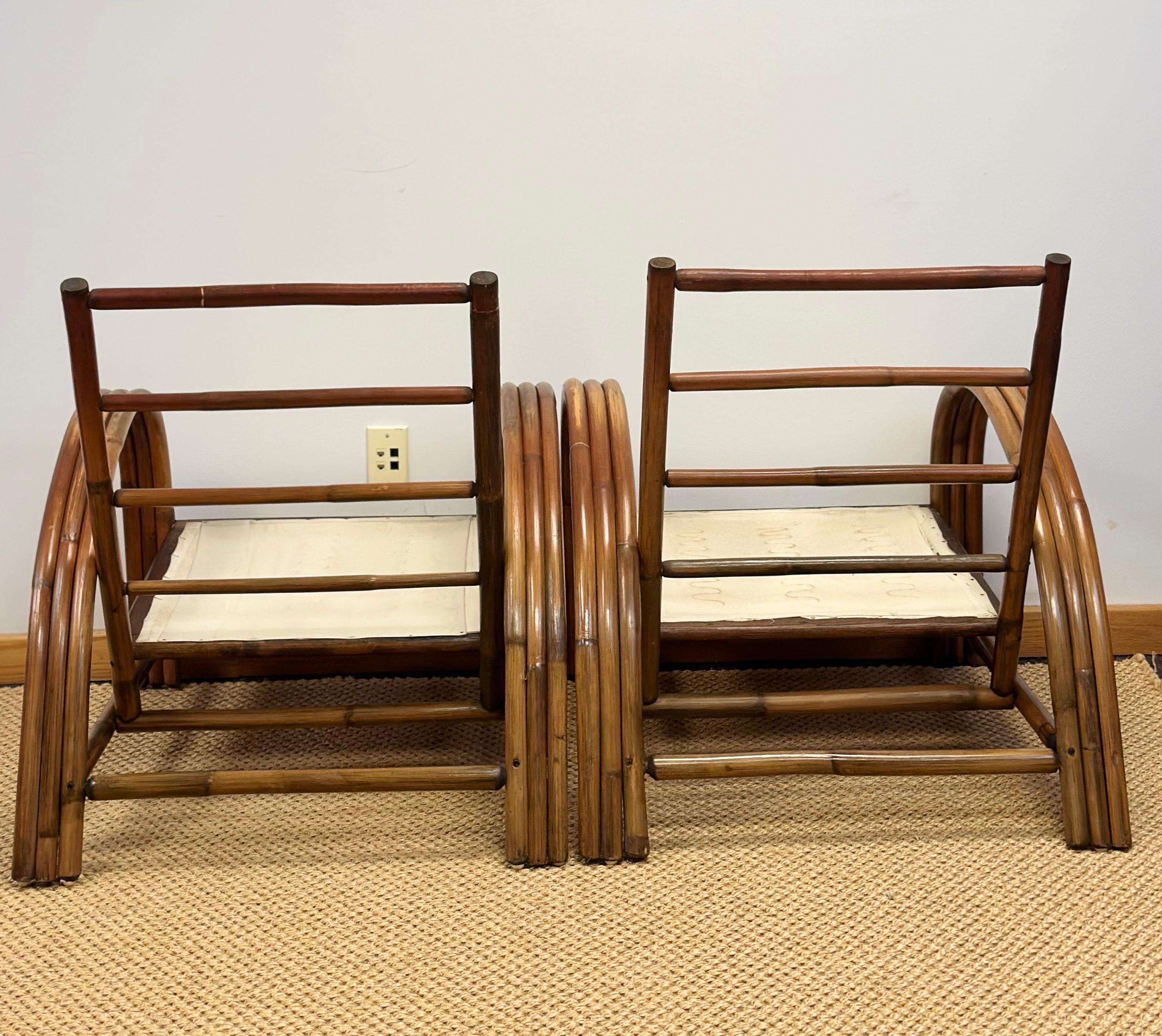 1950s Paul Frankl Rattan Three Strand and Gray Cushions Lounge Chairs - a Pair 1