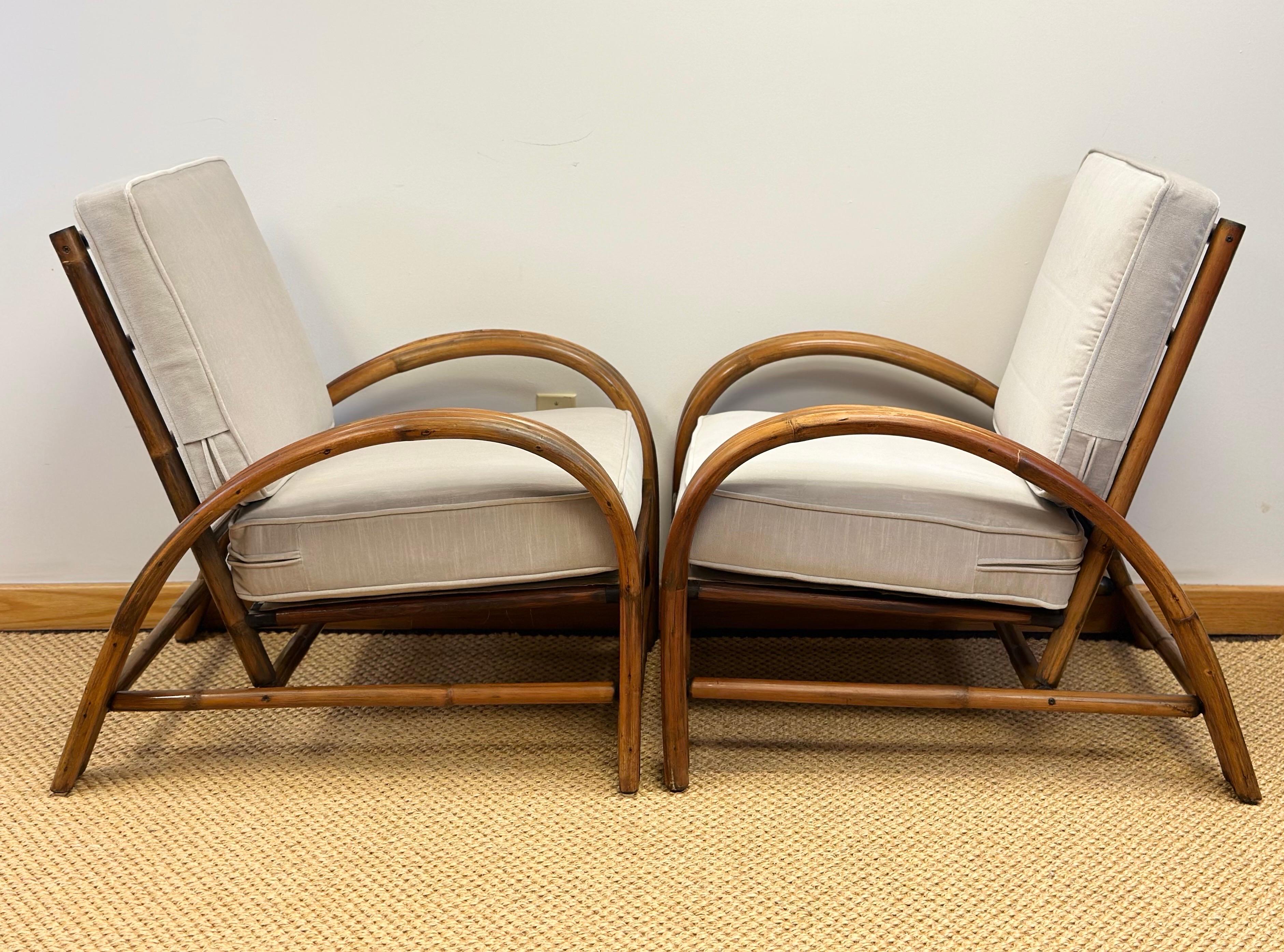 1950s Paul Frankl Rattan Three Strand and Gray Cushions Lounge Chairs - a Pair 2