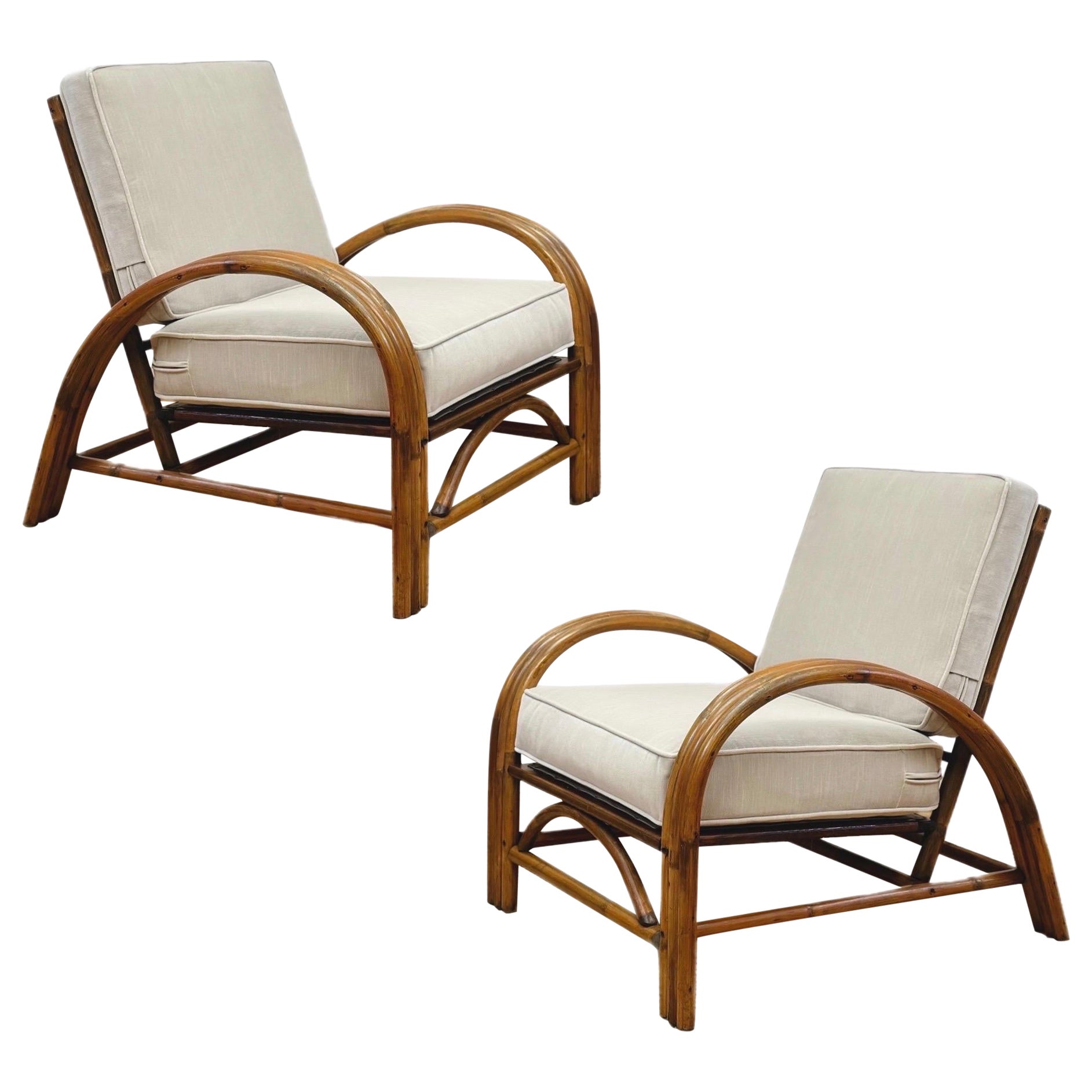 1950s Paul Frankl Rattan Three Strand and Gray Cushions Lounge Chairs - a Pair