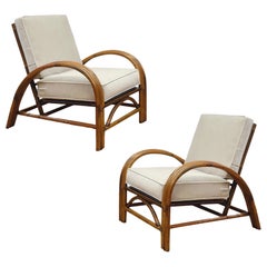 1950s Paul Frankl Rattan Three Strand and Gray Cushions Lounge Chairs - a Pair