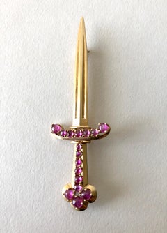 1950s Paul Lackritz Rose Gold Ruby Sword Pin with Original Box