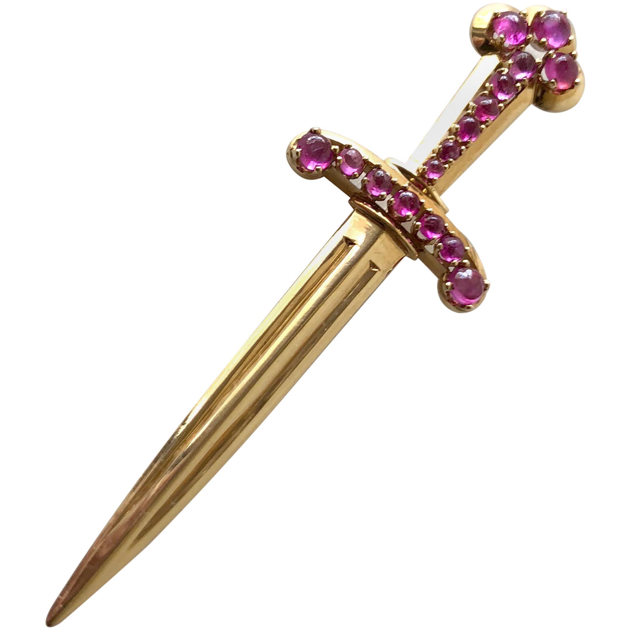 1950s Paul Lackritz Rose Gold Ruby Sword Pin with Original Box For Sale