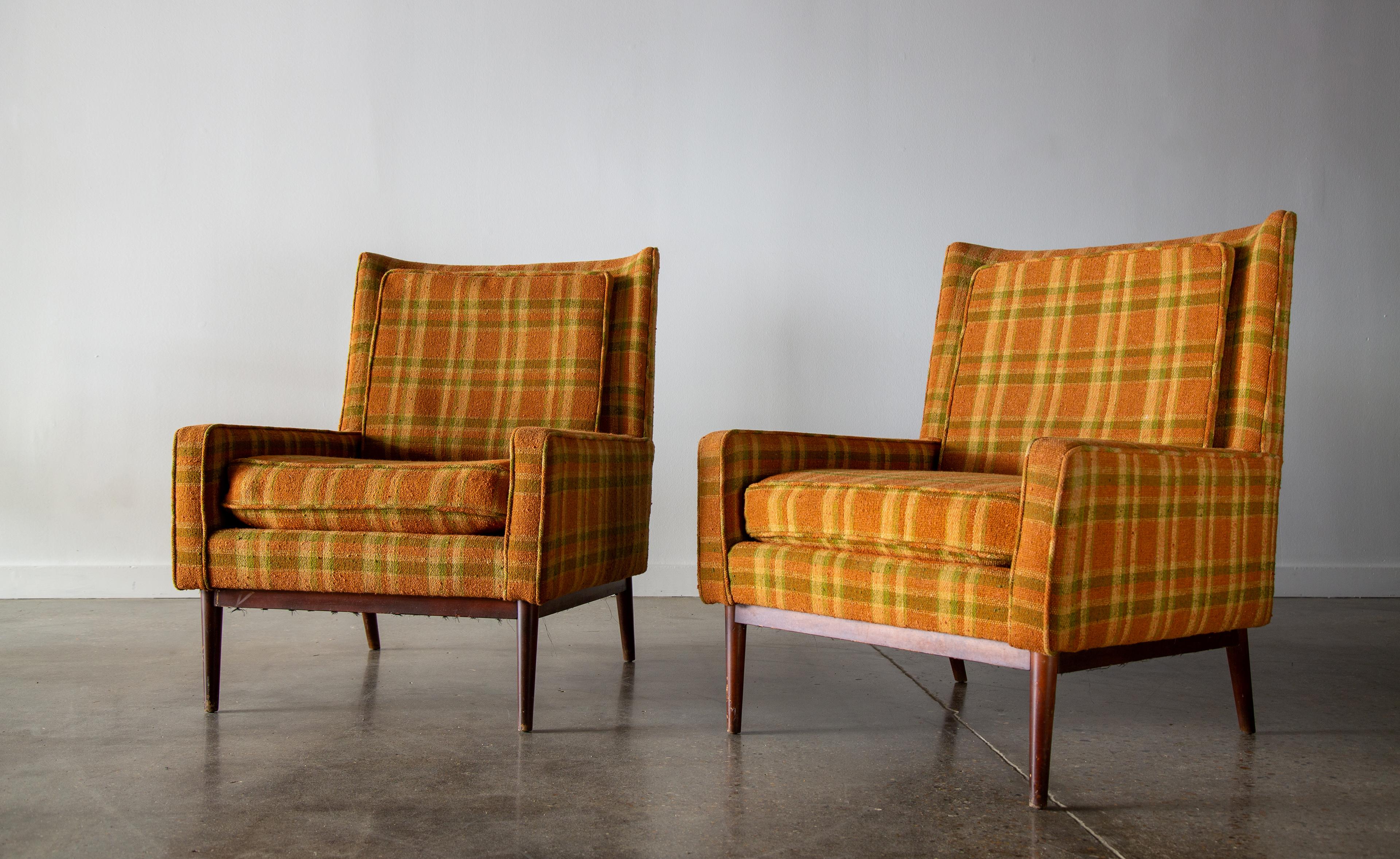 Mid-Century Modern 1950s Paul McCobb 312 Armchairs for Directional Walnut & Plaid Wool Mid Century