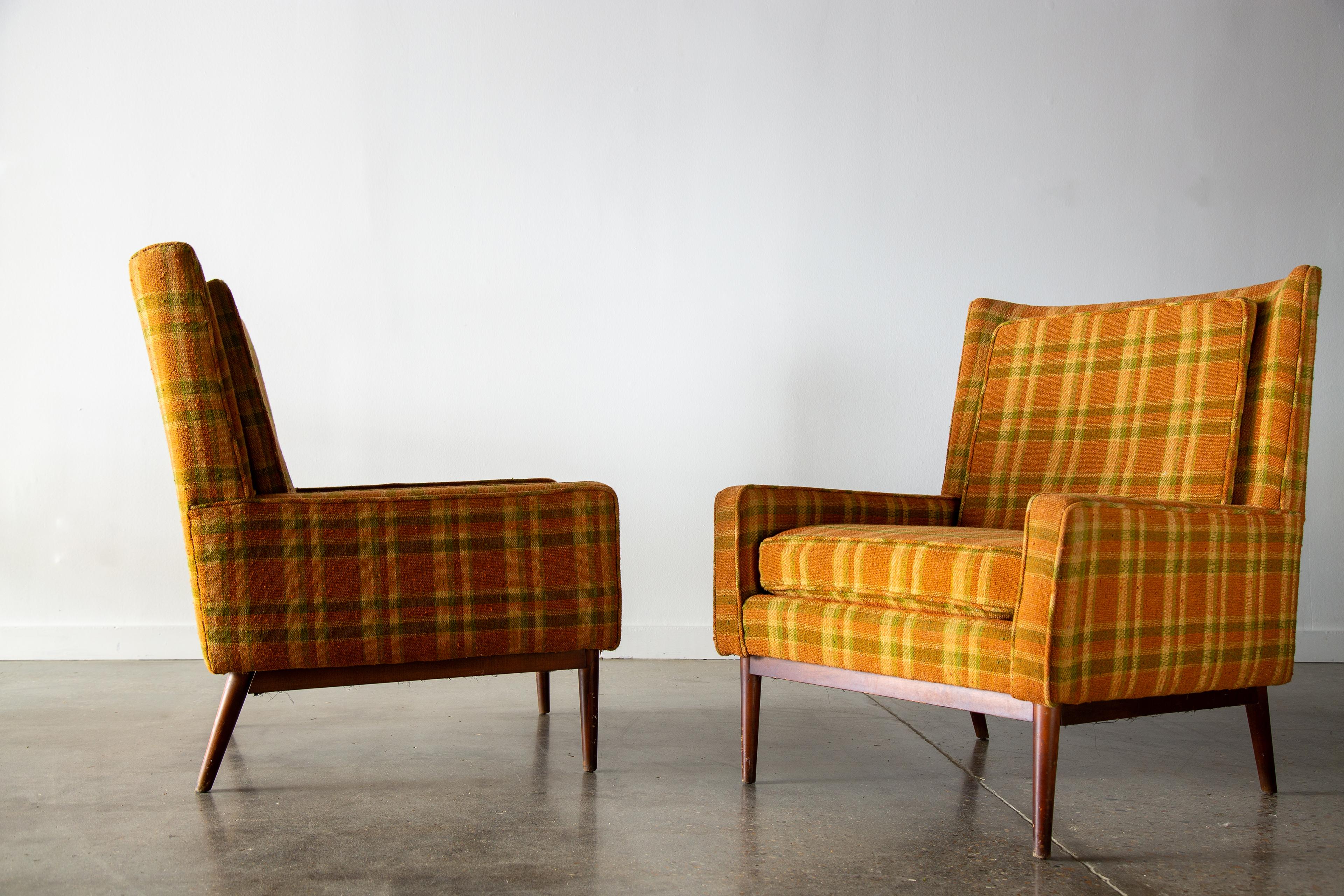 American 1950s Paul McCobb 312 Armchairs for Directional Walnut & Plaid Wool Mid Century