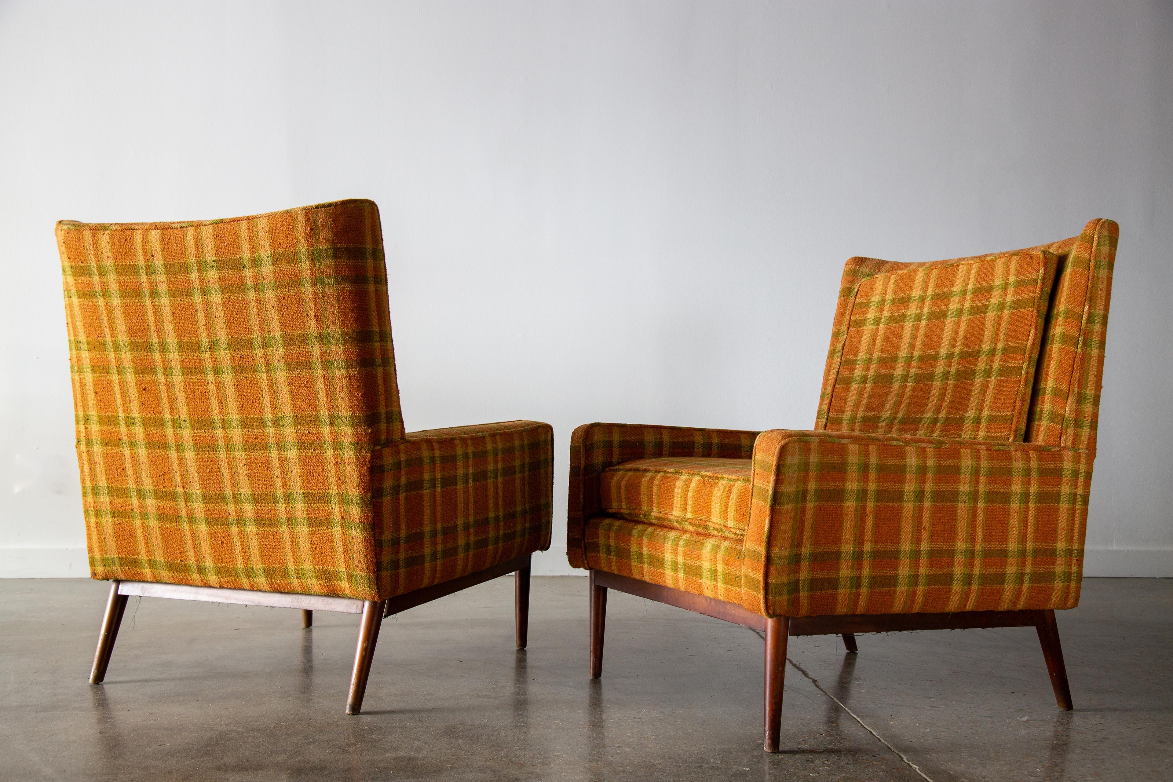 1950s Paul McCobb 312 Armchairs for Directional Walnut & Plaid Wool Mid Century In Good Condition In Virginia Beach, VA