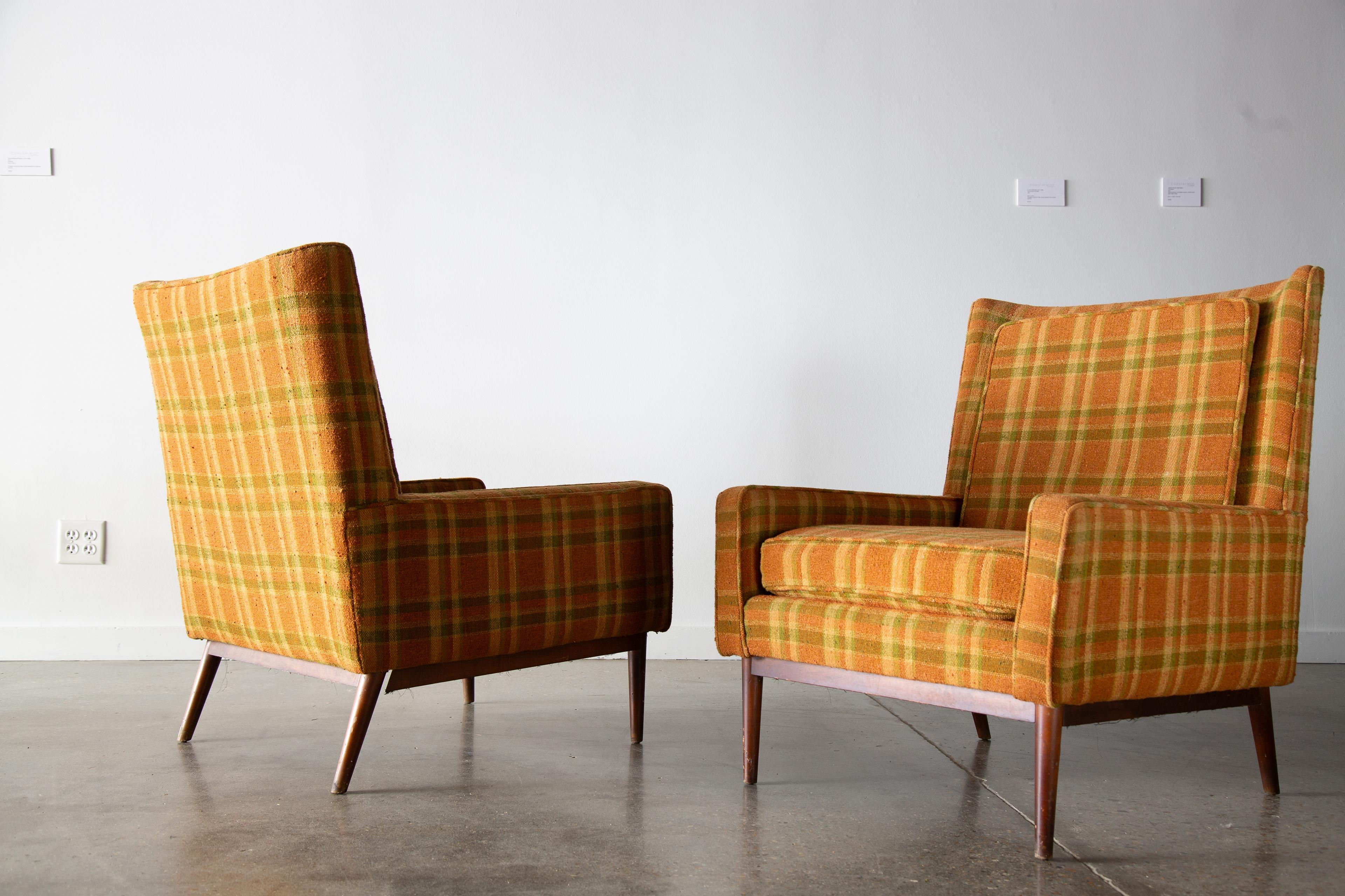 Mid-20th Century 1950s Paul McCobb 312 Armchairs for Directional Walnut & Plaid Wool Mid Century