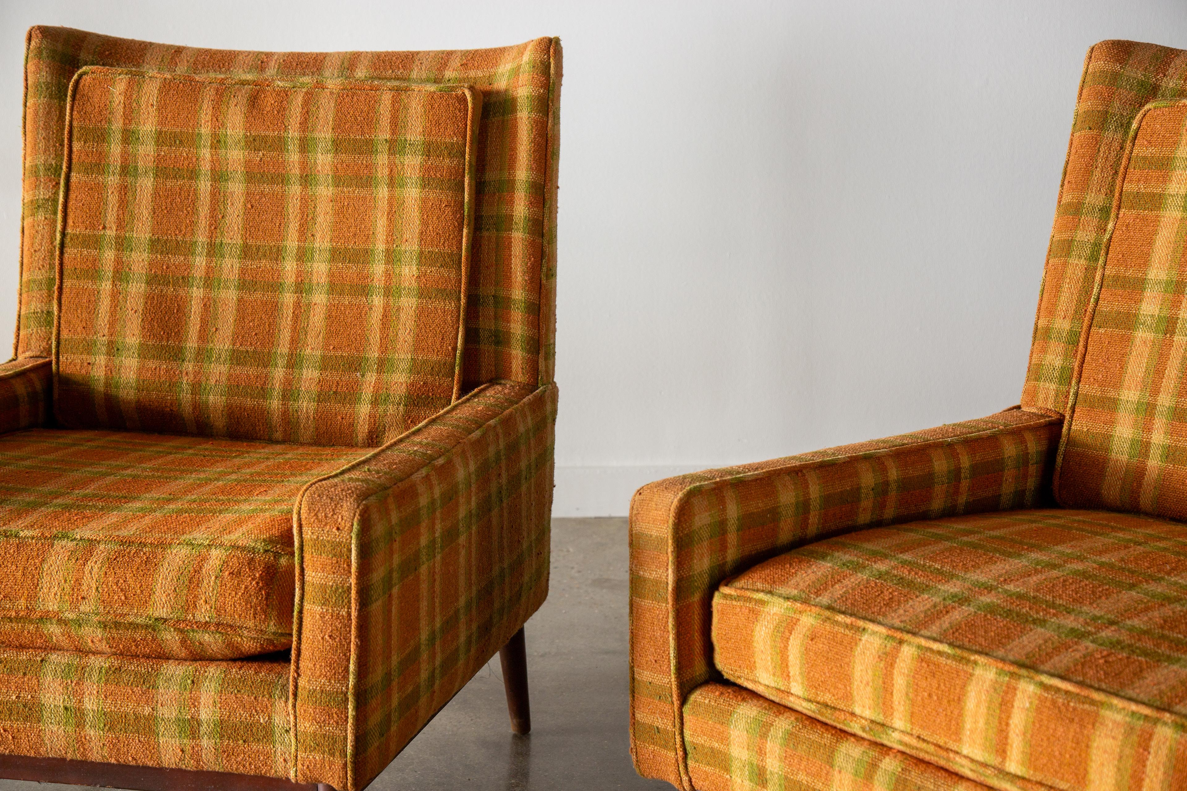 1950s Paul McCobb 312 Armchairs for Directional Walnut & Plaid Wool Mid Century 1