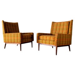 1950s Paul McCobb 312 Armchairs for Directional Walnut & Plaid Wool Mid Century
