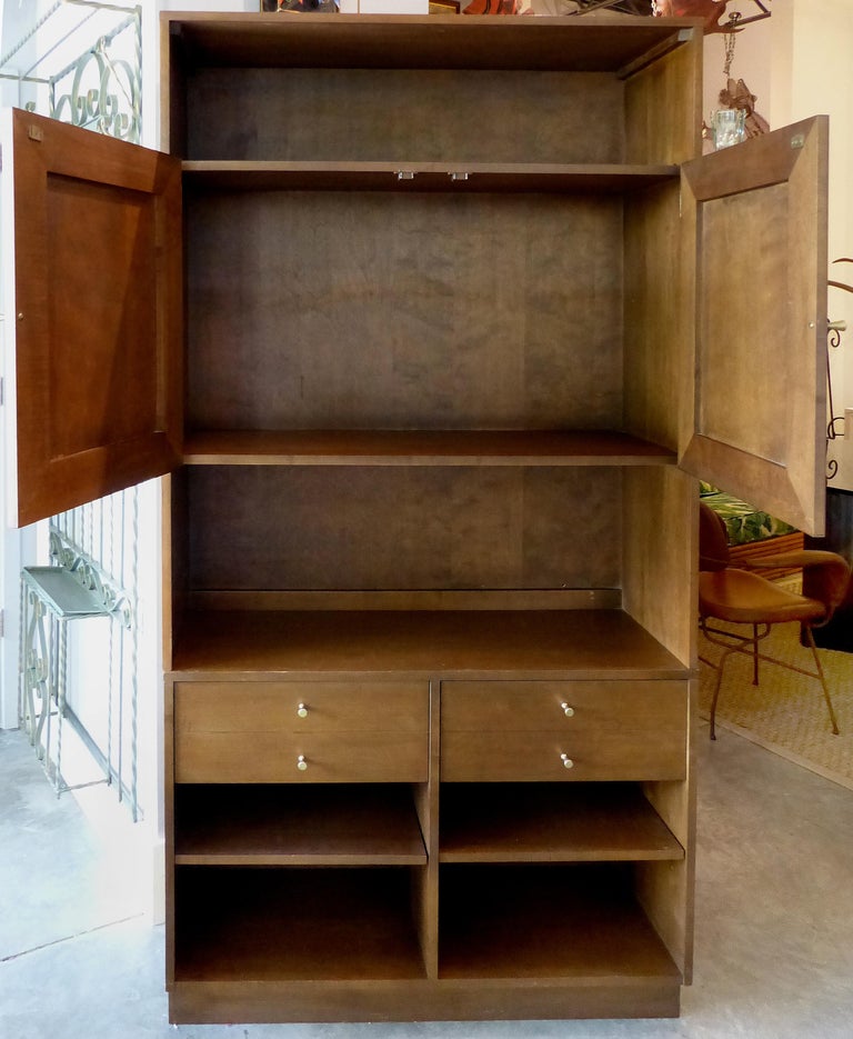 1950s Paul McCobb Walnut Bookcase with Caned Doors and Brass Hardware