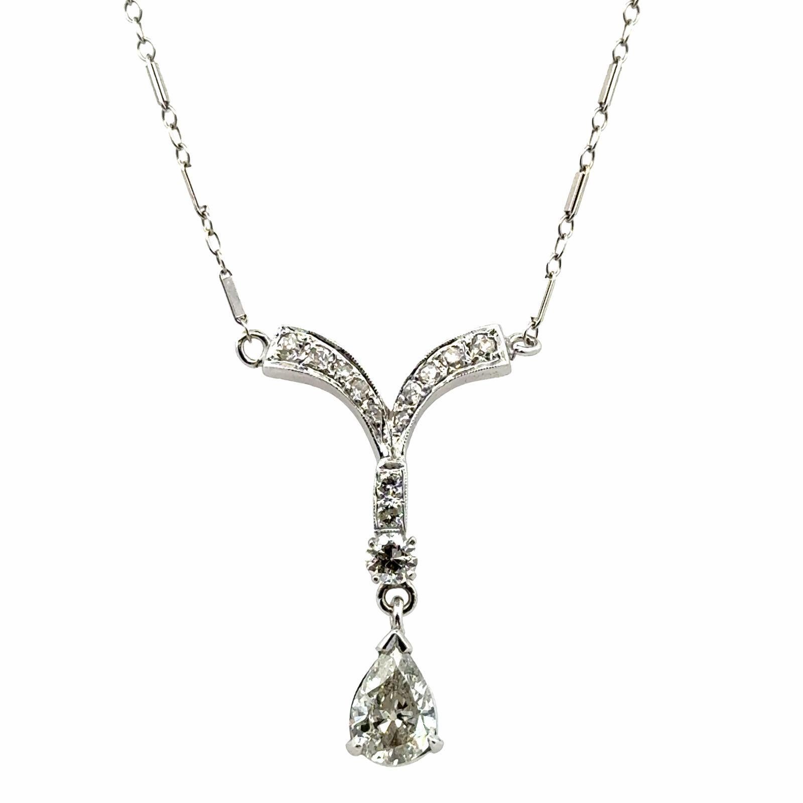 Pear Cut 1950's Pear Diamond 14 Karat White Gold Drop Pendant Necklace For Sale