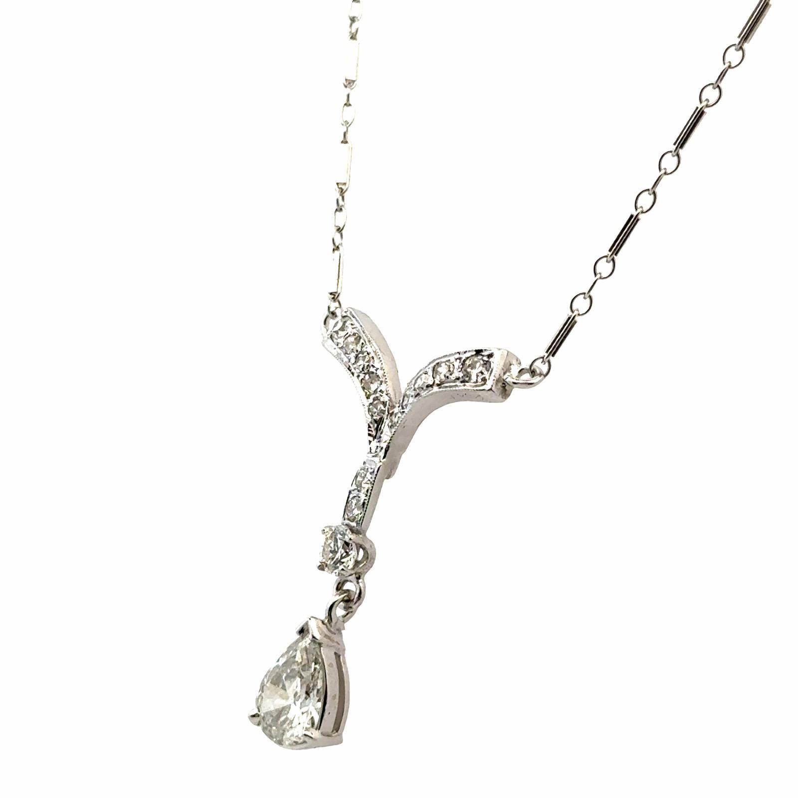 1950's Pear Diamond 14 Karat White Gold Drop Pendant Necklace In Excellent Condition For Sale In Boca Raton, FL