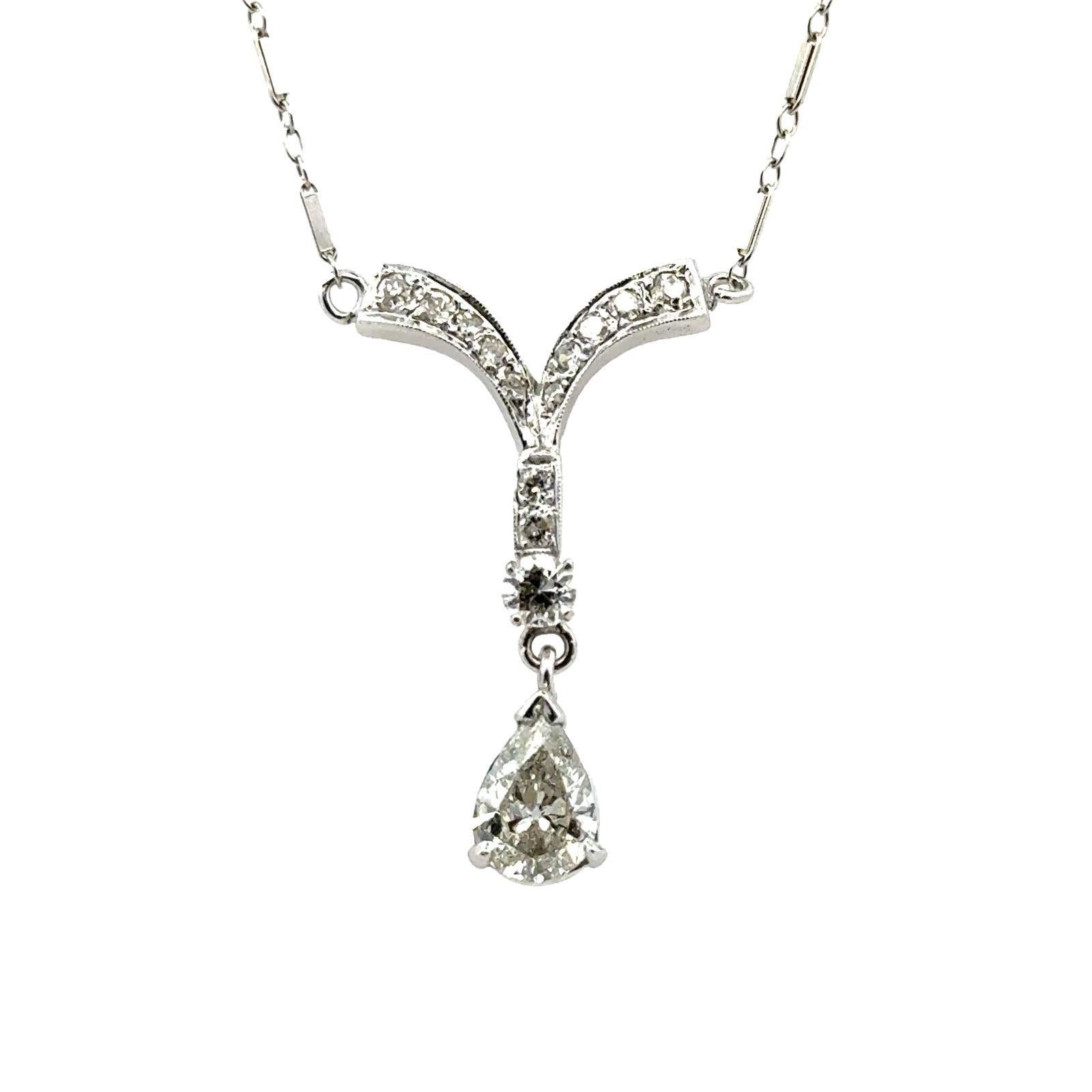Women's 1950's Pear Diamond 14 Karat White Gold Drop Pendant Necklace For Sale
