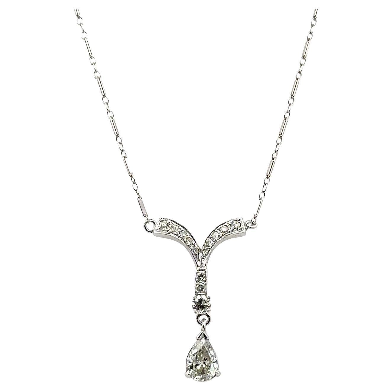 1950's Pear Diamond 14 Karat White Gold Drop Pendant Necklace For Sale