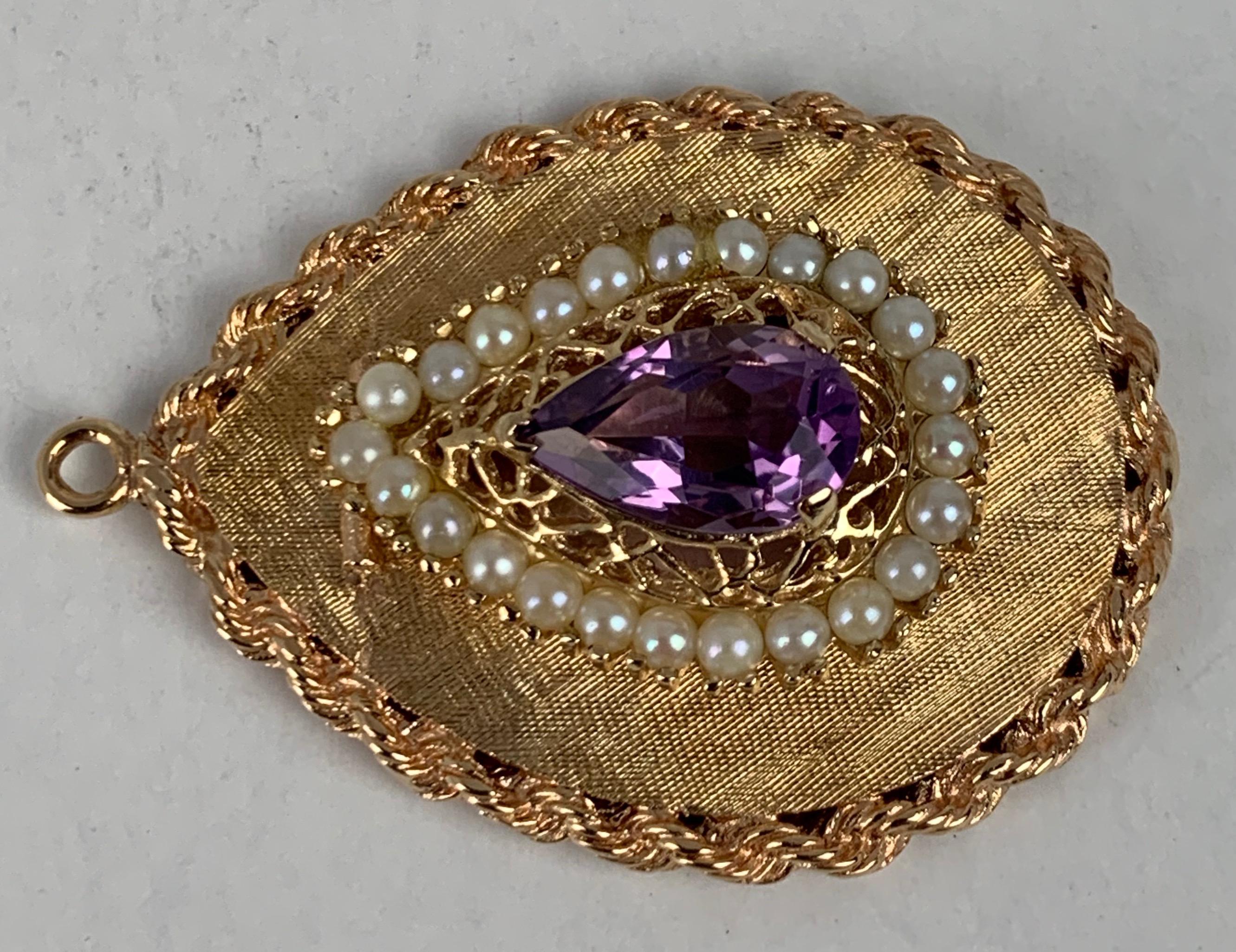 Contemporary Amethyst and Pearl Locket/ Pendant-14k Yellow Gold