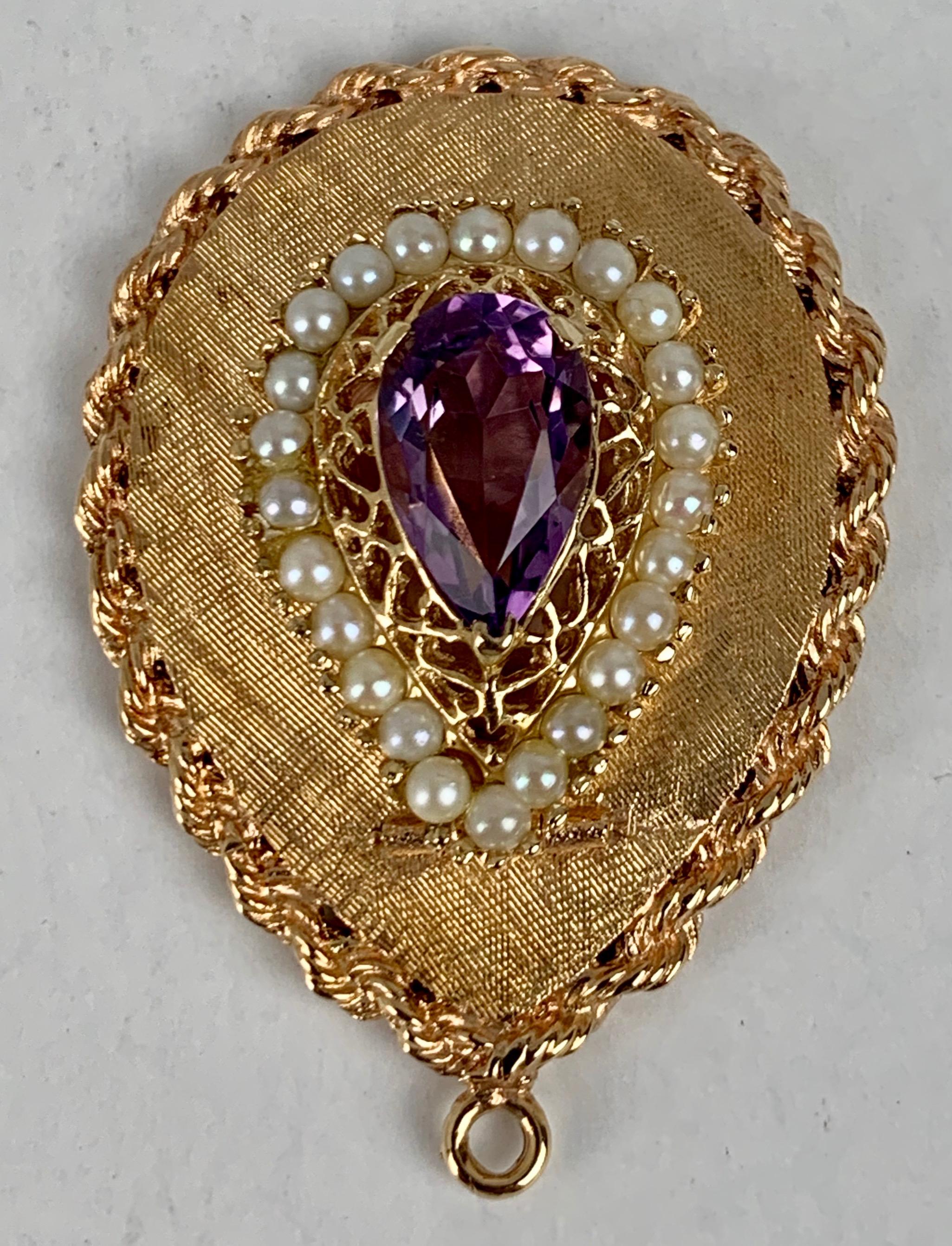 Pear Cut Amethyst and Pearl Locket/ Pendant-14k Yellow Gold