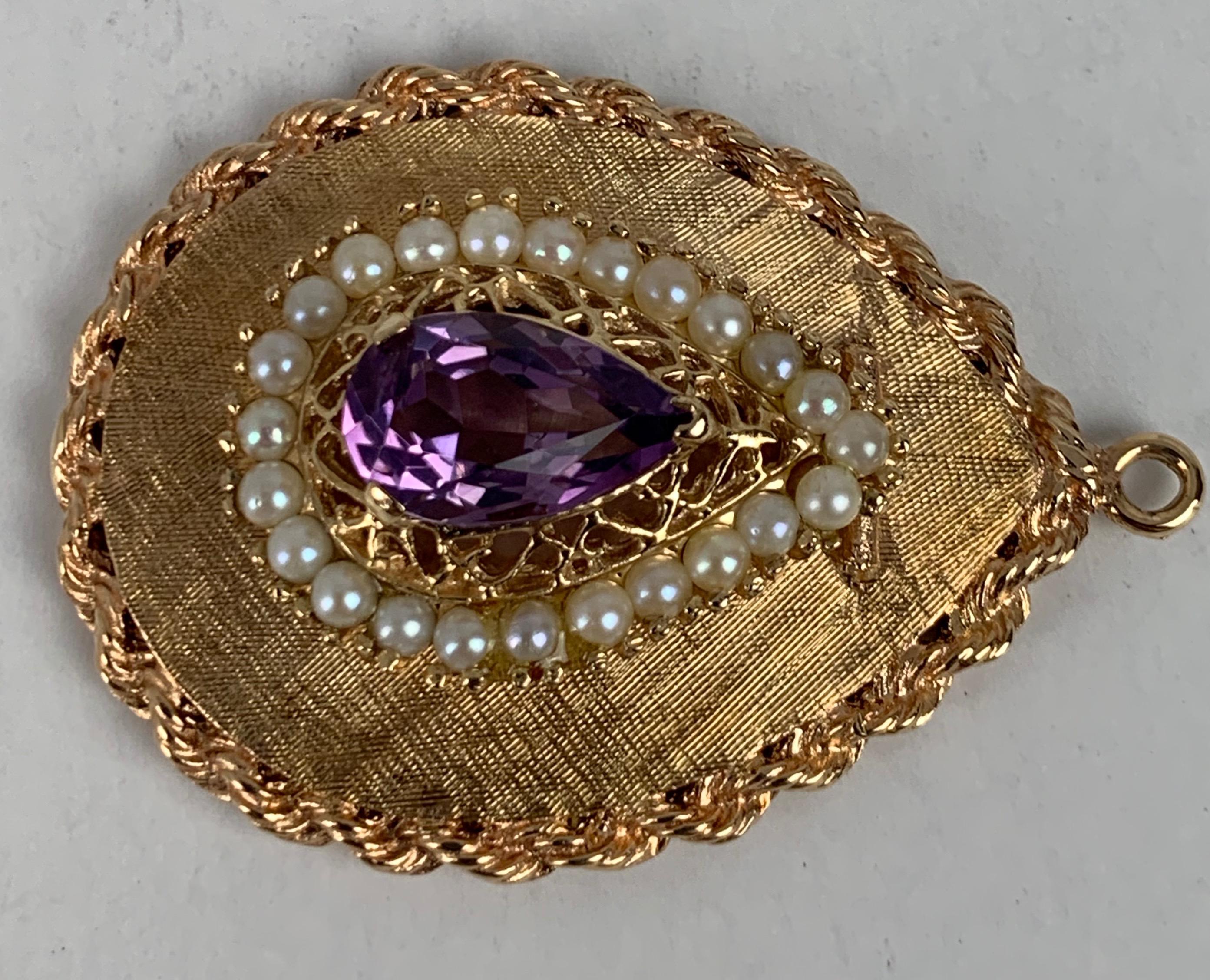 Amethyst and Pearl Locket/ Pendant-14k Yellow Gold In Good Condition In West Palm Beach, FL