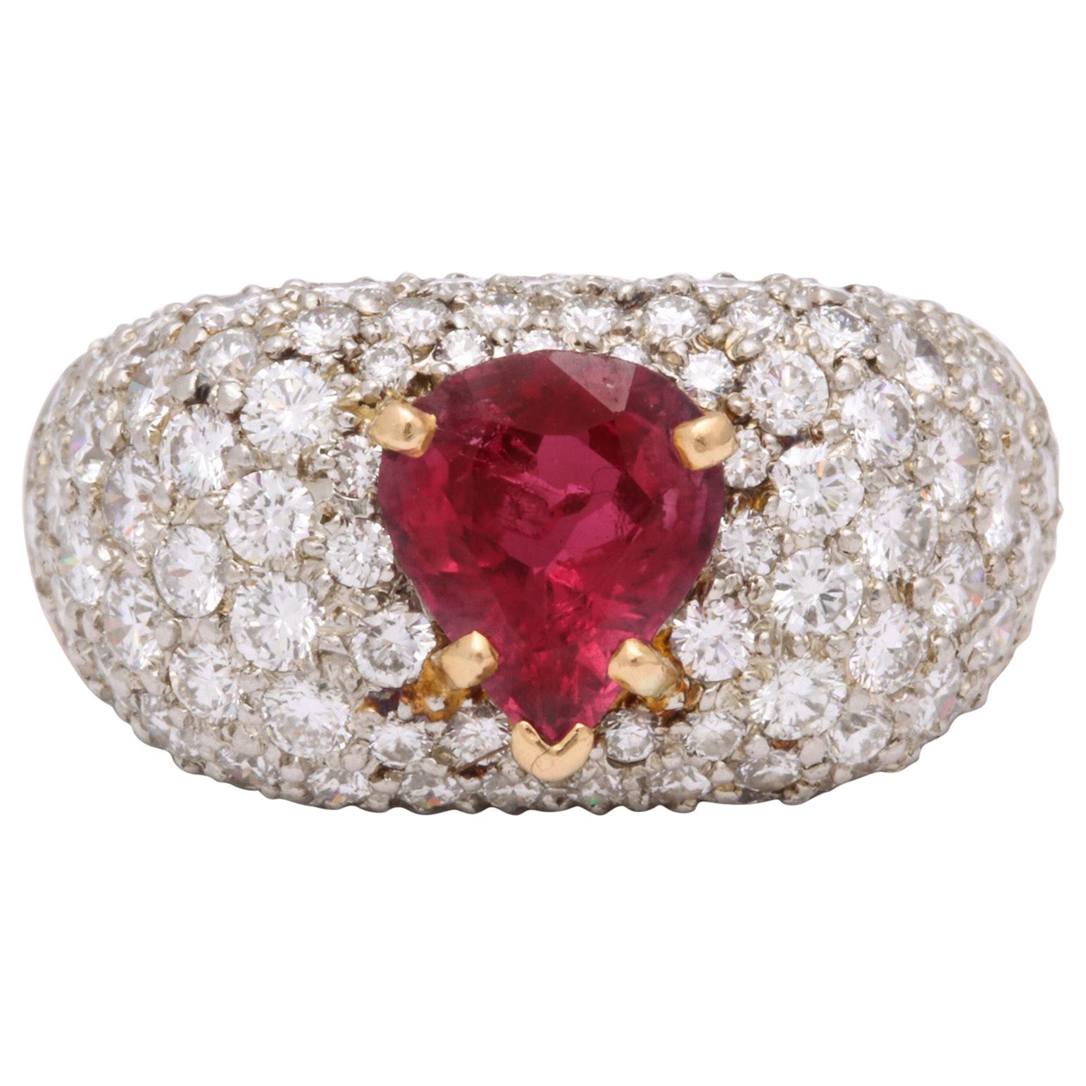 1950s Pear Shaped Ruby with Diamonds Gold and Platinum Dinner Ring