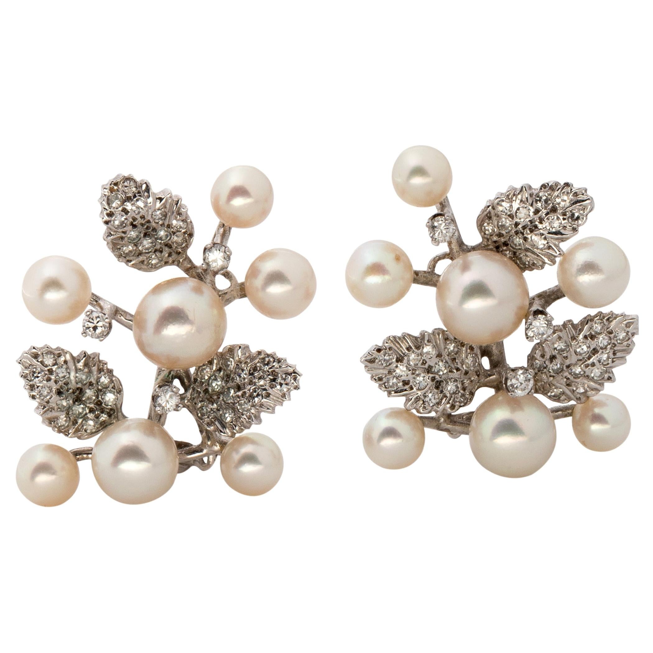 1950s Pearl and Diamond Earrings For Sale