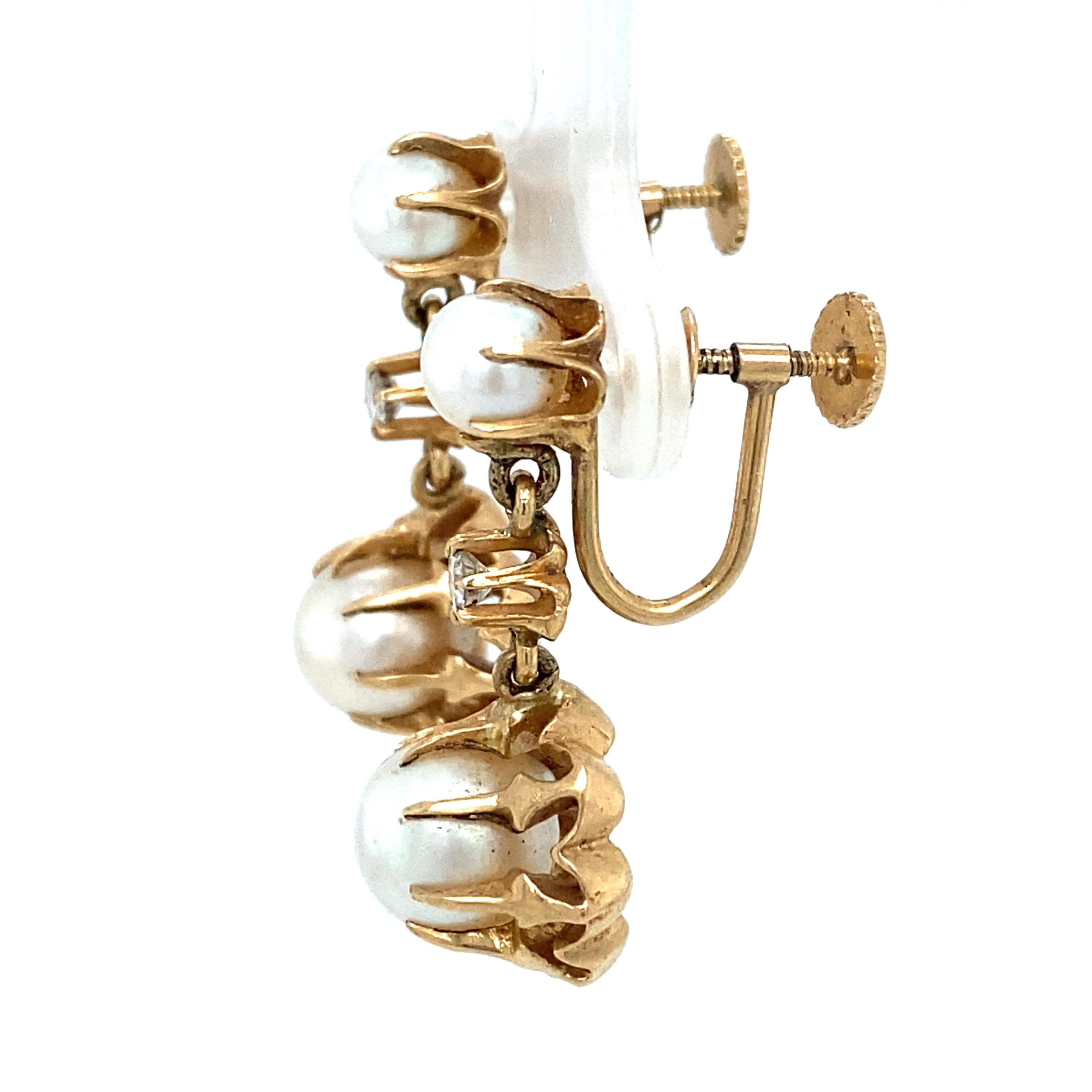 1950er Perlen- und Diamant-Ohrringe ohne Lochmuster aus 14 Karat Gold im Zustand „Hervorragend“ im Angebot in Atlanta, GA