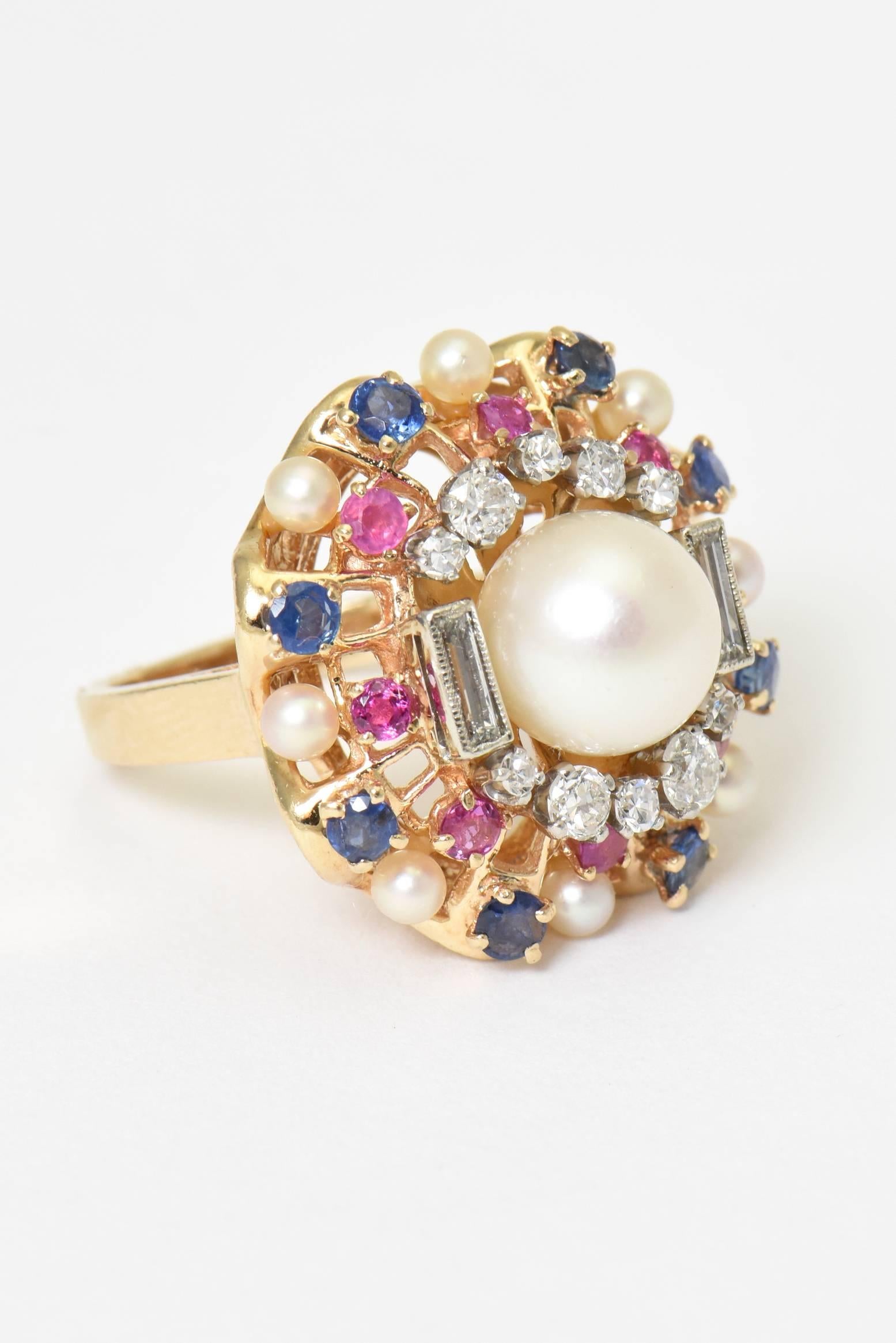 1950s Pearl, Diamond, Sapphire and Ruby Yellow Gold Starburst Cocktail Ring 2